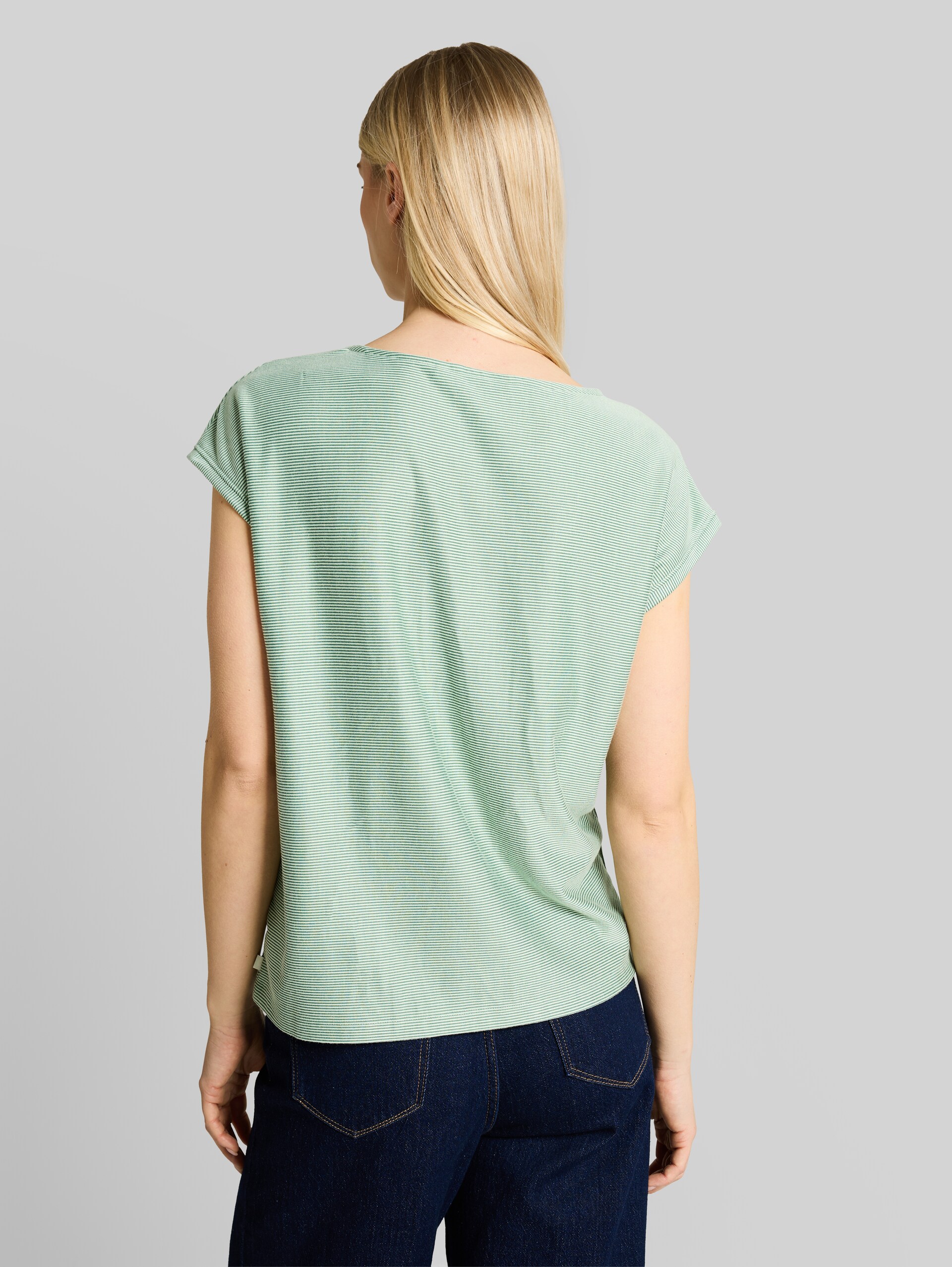 Loose-fit T-shirt with a striped pattern - small tonal matchagreen stripe - Neckline model-back view