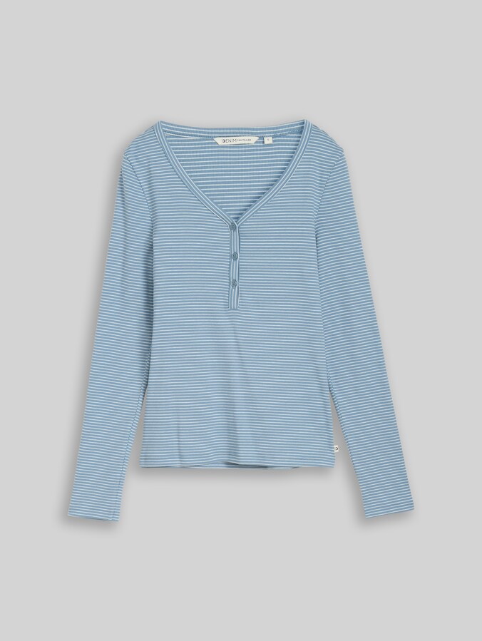 Slim fit Henley-shirt met lange mouwen en streepjesmotief door Denim Female, mid blue white stripe