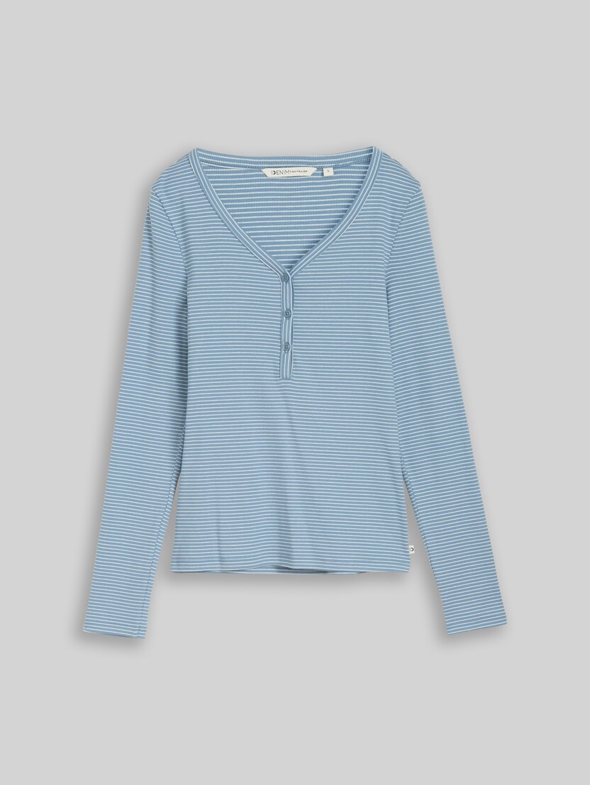 Slim fit Henley long-sleeved shirt with striped pattern by Denim Female, mid blue white stripe