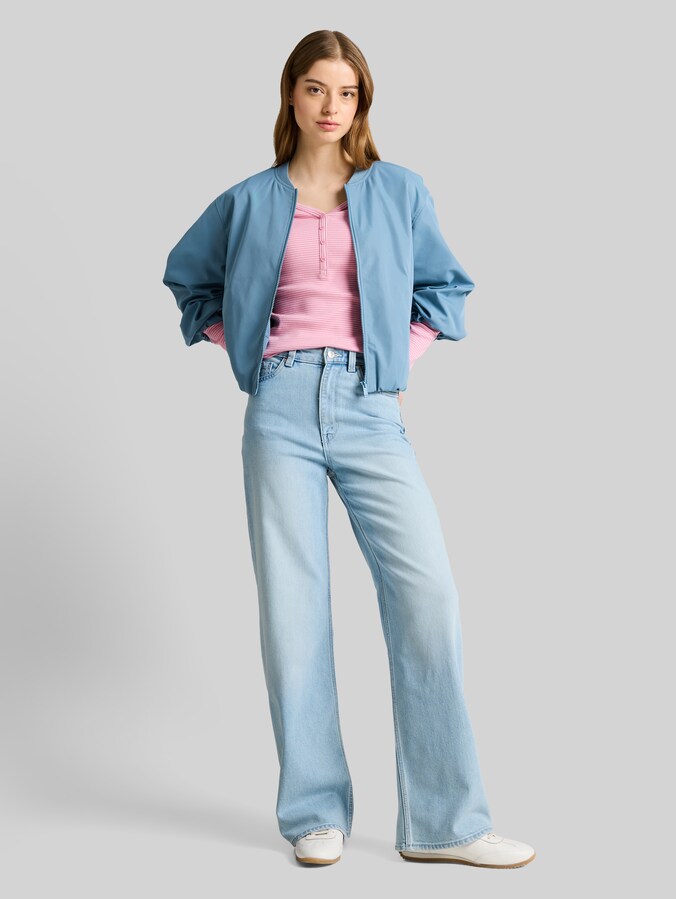 Slim fit Henley-shirt met lange mouwen en streepjesmotief door Denim Female, pink white stripe