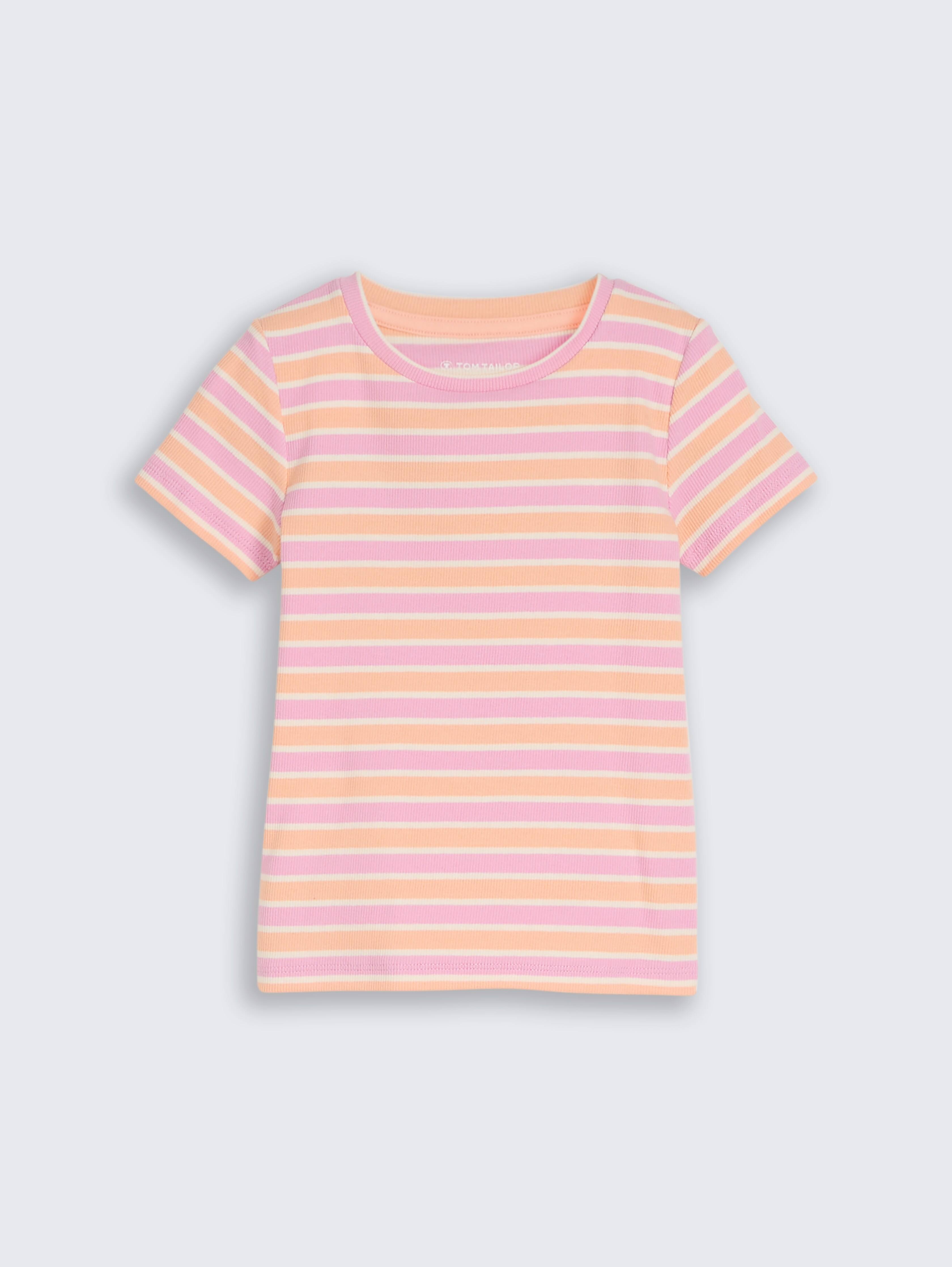 Ripp T-Shirt mit Streifenmuster von Mini Girls, multicolor peach stripe