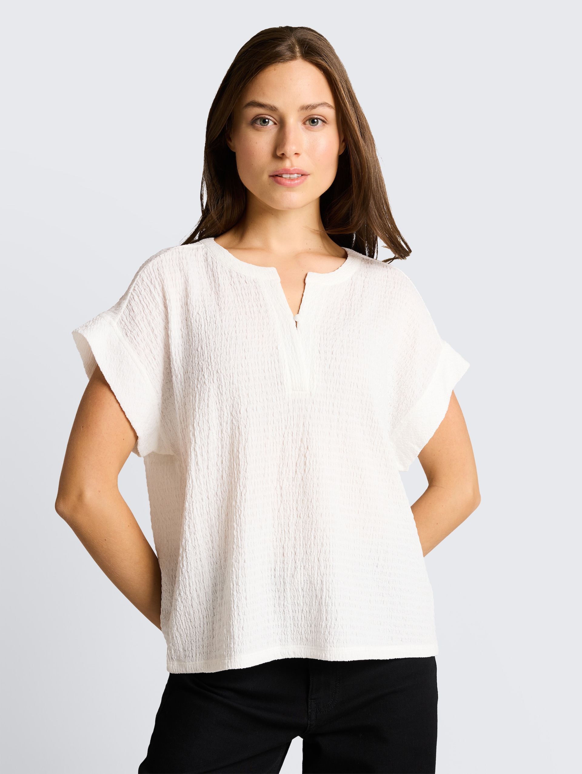 Crinkle T-shirt - Whisper White - Nek model vooraanzicht