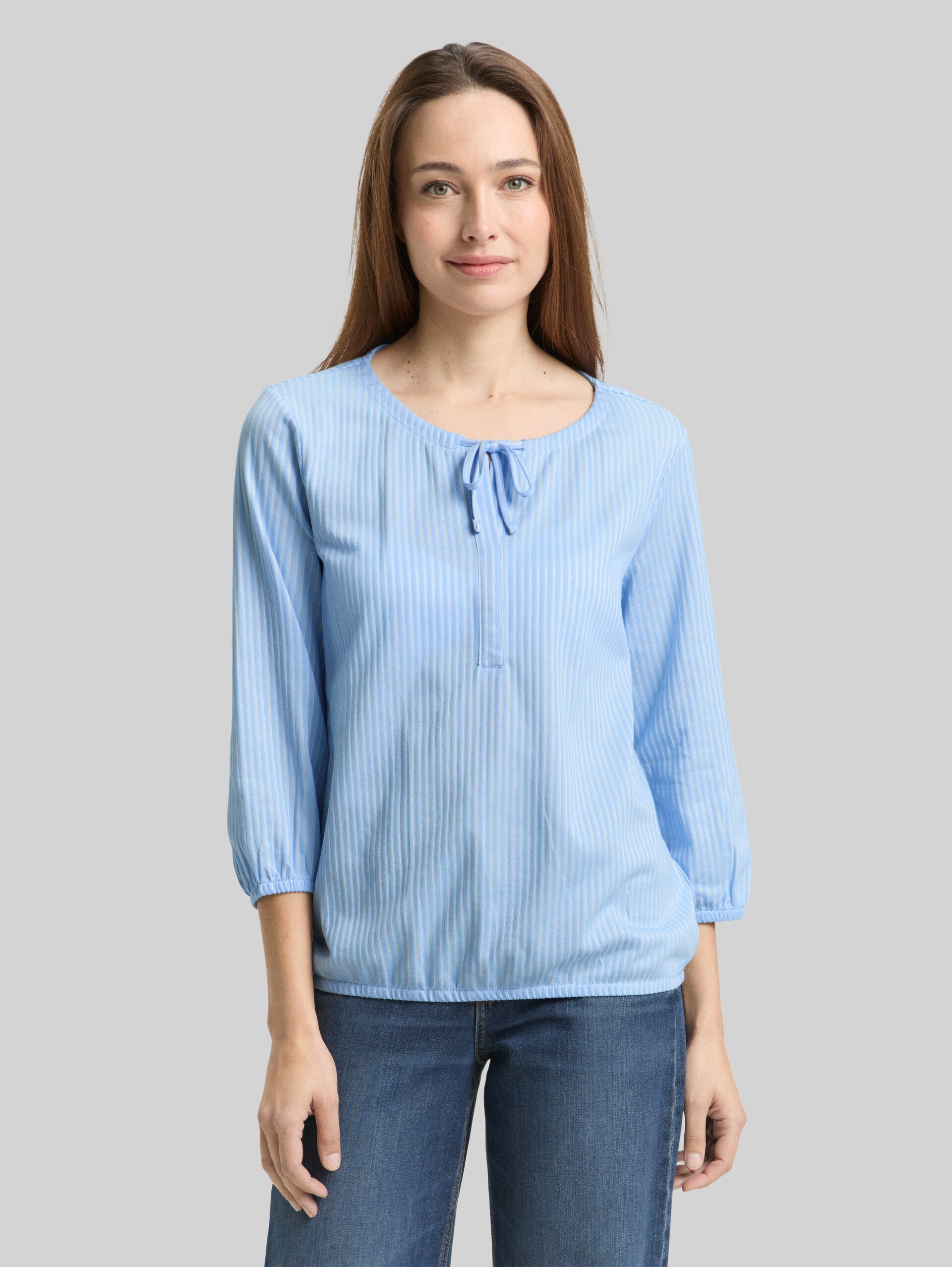 Blouse shirt with striped pattern - blue white thin stripe - Neckline model front view