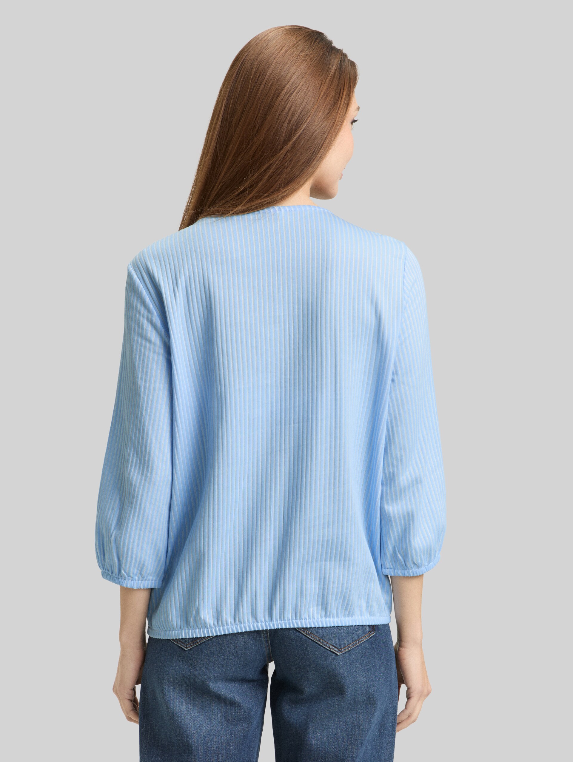 Blouse shirt with striped pattern - blue white thin stripe - Neckline model-back view