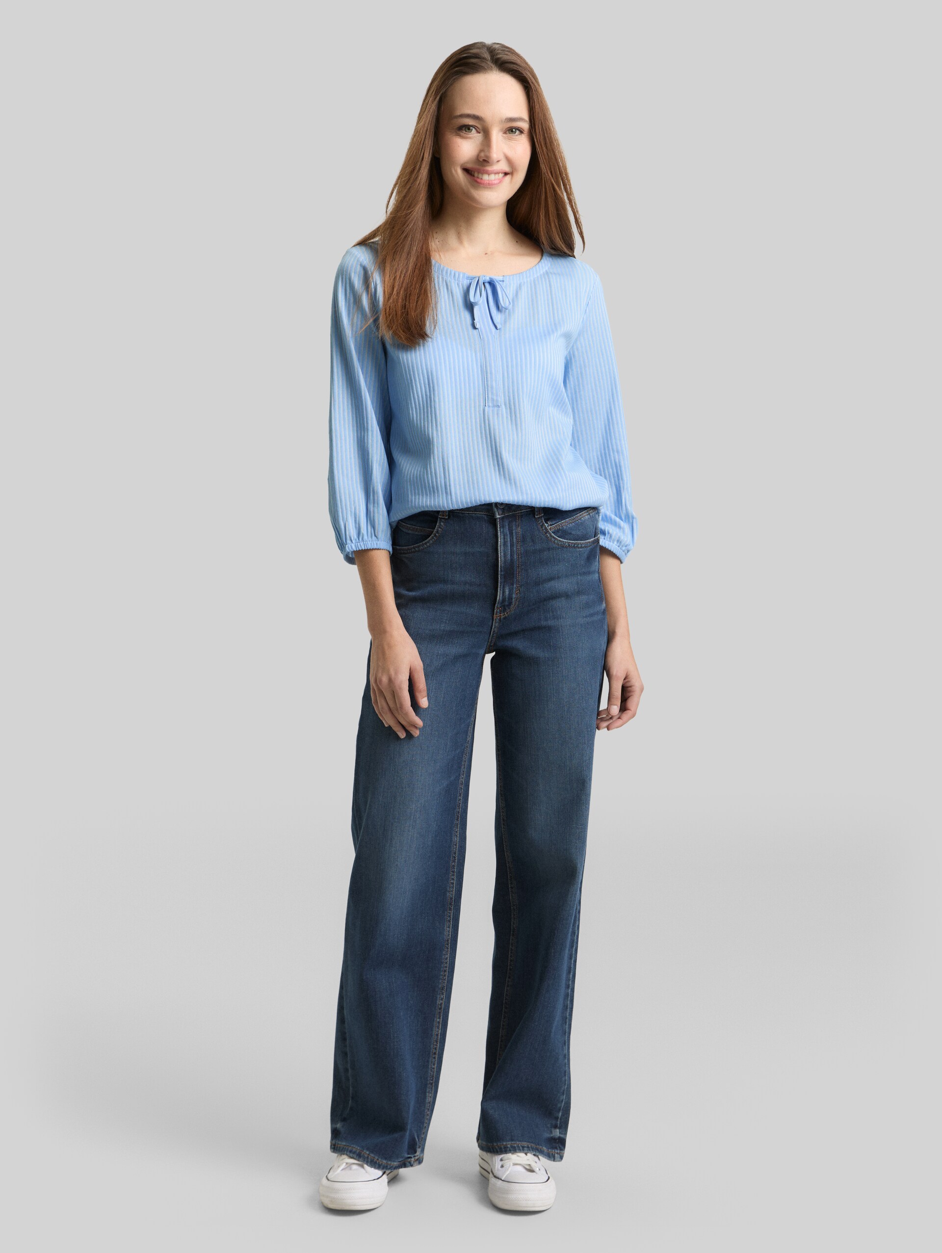 Blouse shirt with striped pattern - blue white thin stripe - Model front view