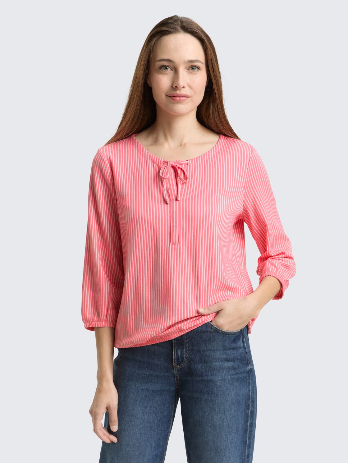 Blusenshirt mit Streifenmuster - soft coral pink white stripe - Ausschnitt Model-Vorderansicht