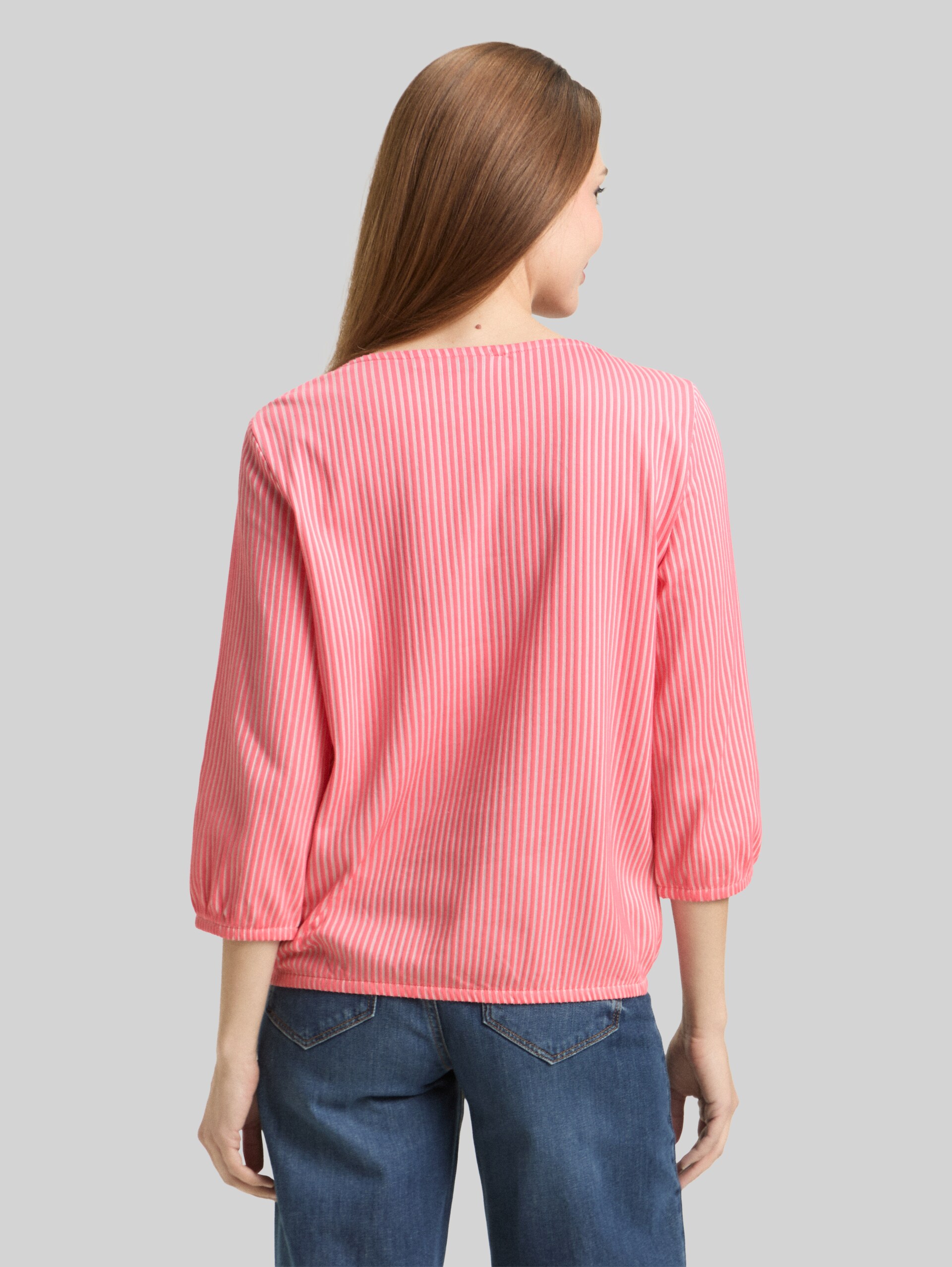 Blouse shirt with striped pattern - soft coral pink white stripe - Neckline model-back view