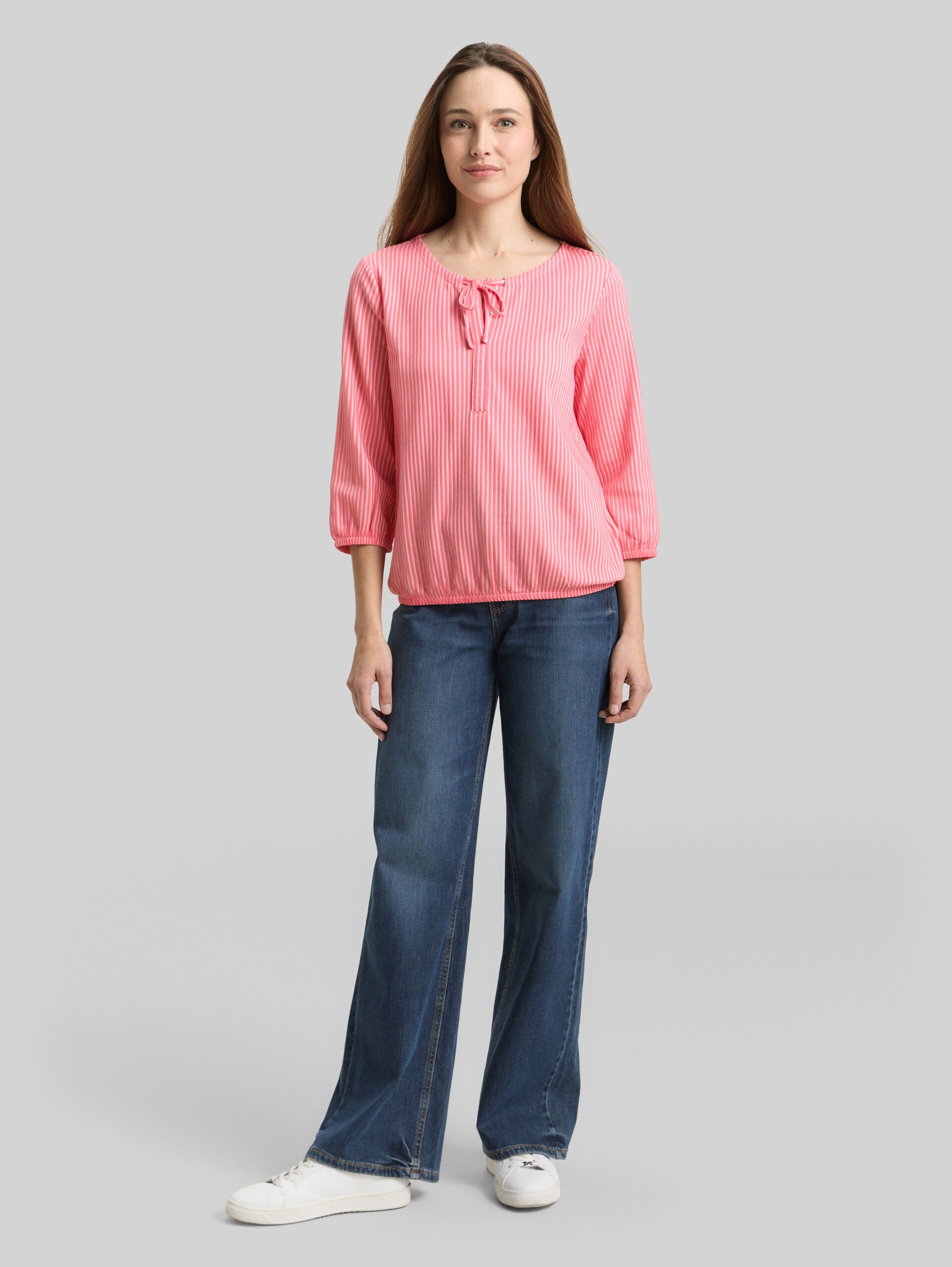 Blouse shirt with striped pattern - soft coral pink white stripe - Model front view
