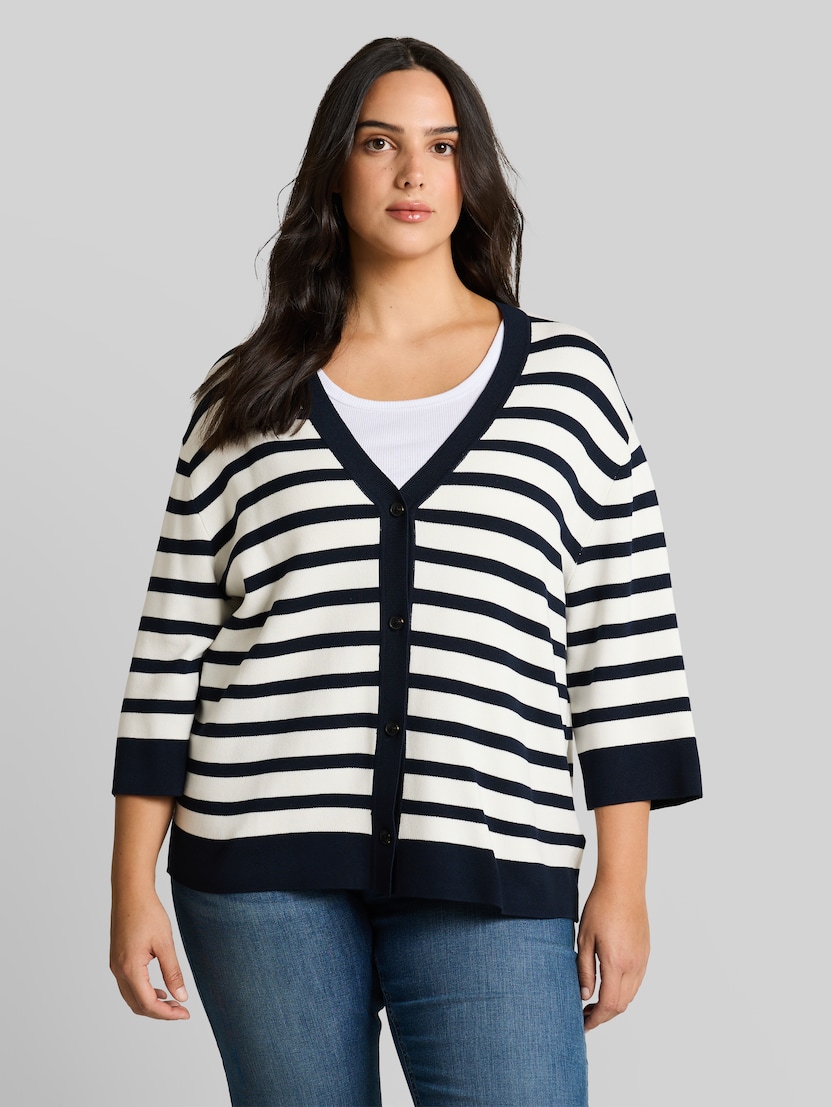 Plus Size - loose fit cardigan with striped pattern by Women Plus Size, white sky blue knit stripe