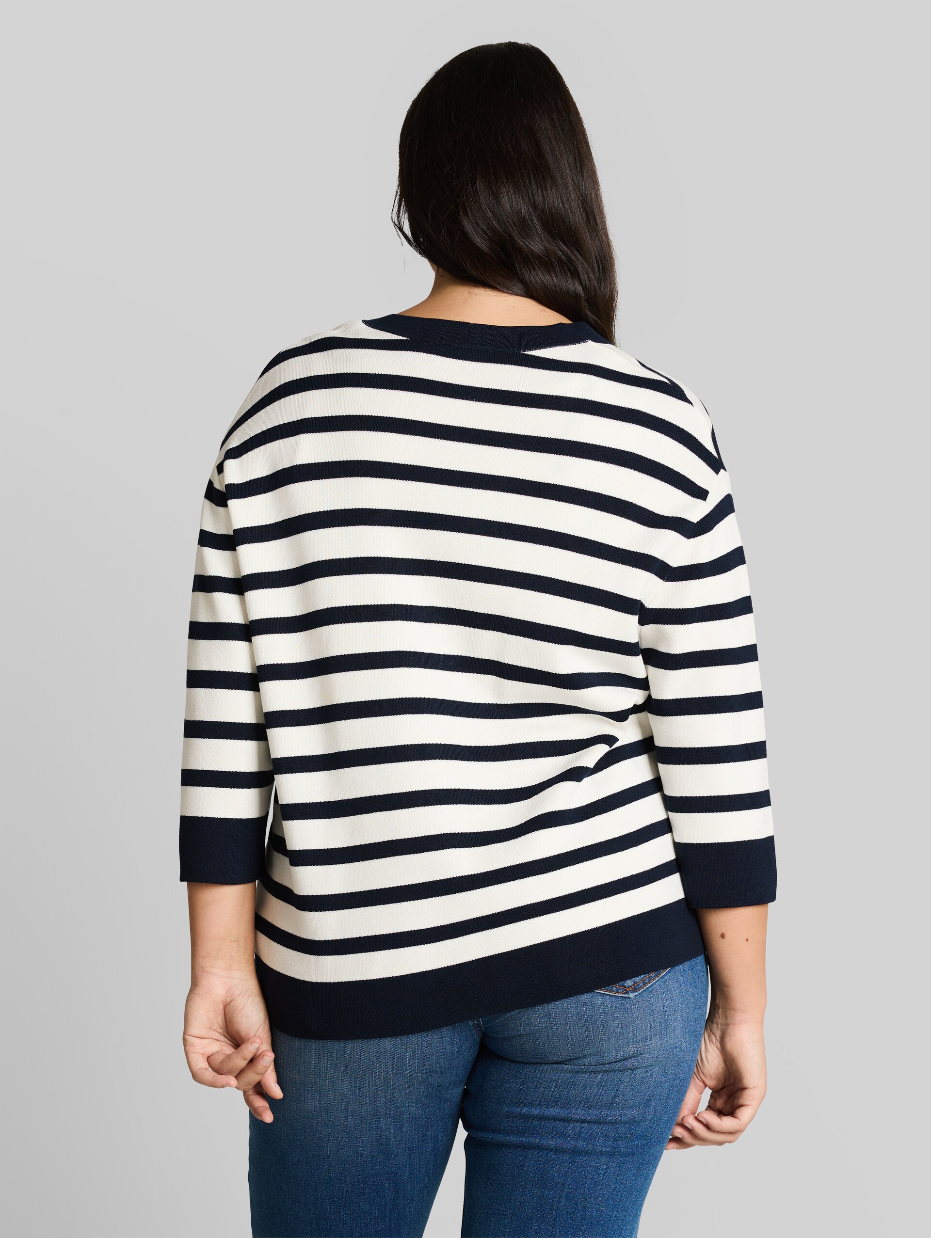 Plus Size - loose fit cardigan with striped pattern - white sky blue knit stripe