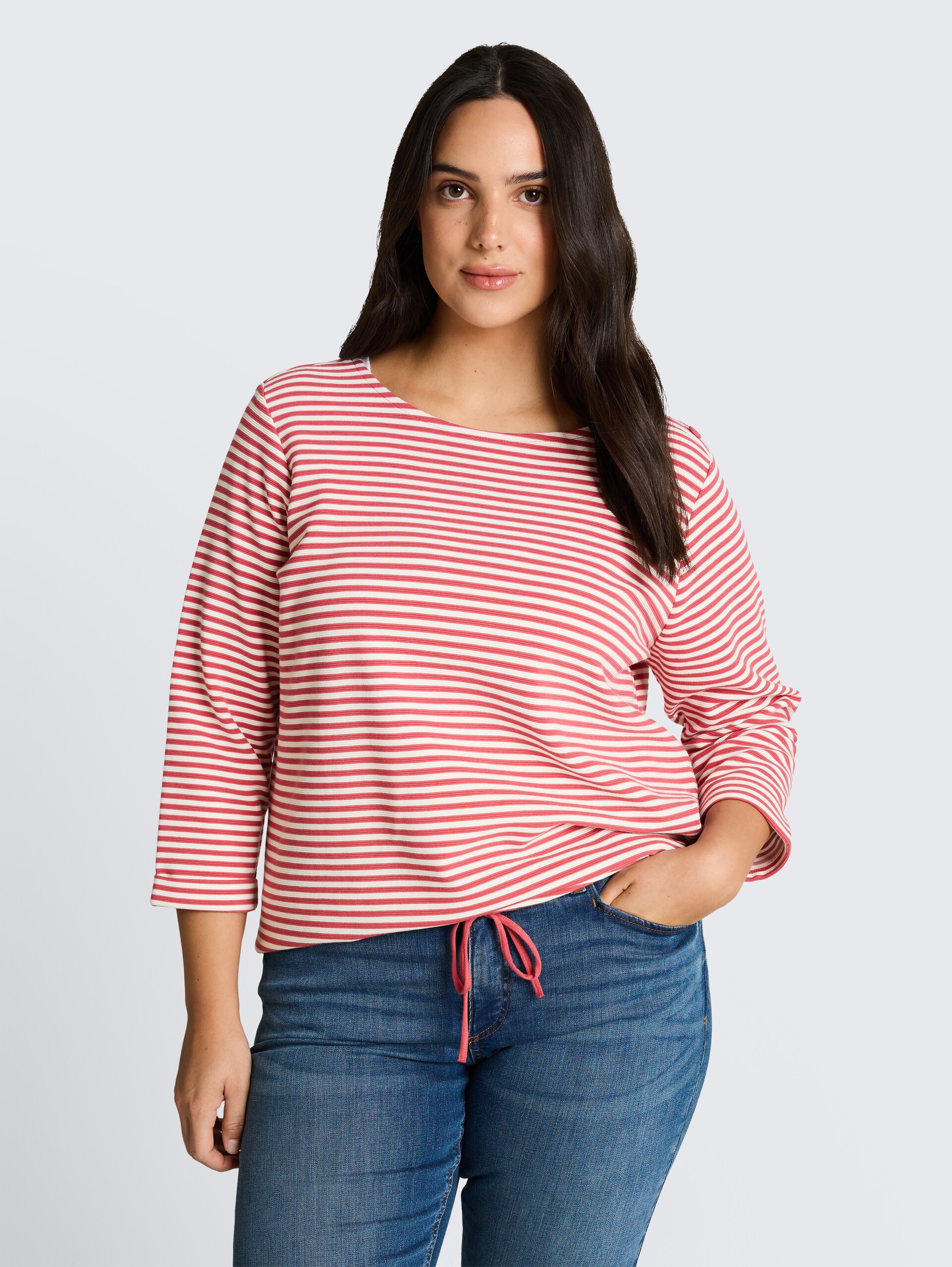 Plus Size - Langarmshirt mit Knopf-Details - pink offwhite regular stripe - Ausschnitt Model-Vorderansicht