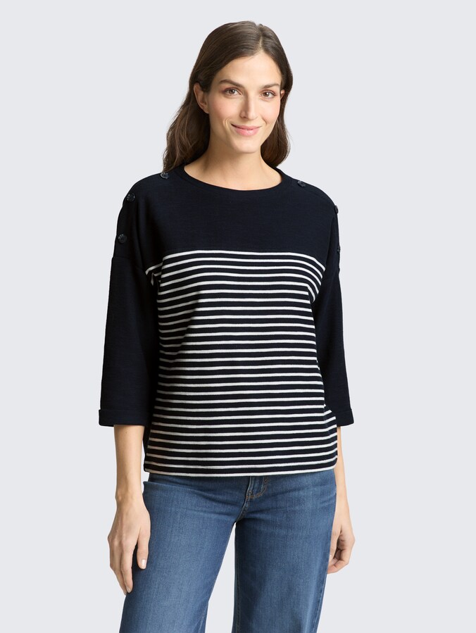 Long-sleeved shirt with striped pattern by Women, navy blue offwhite stripe