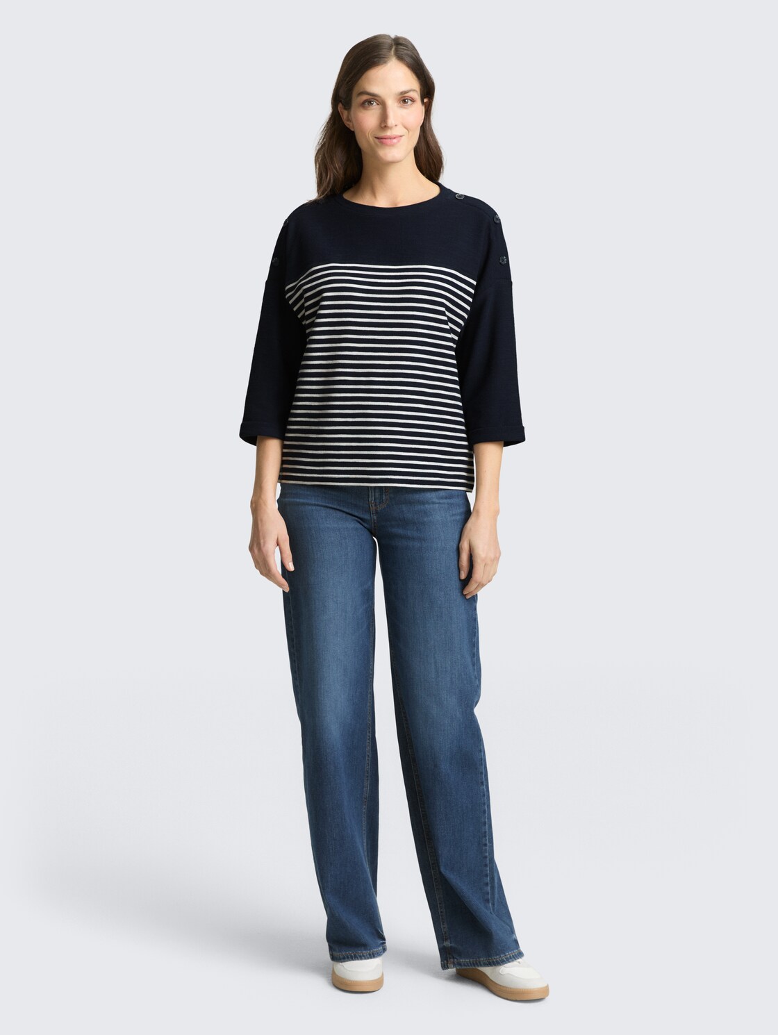 Langarmshirt mit Streifenmuster - navy blue offwhite stripe - Model-Vorderansicht