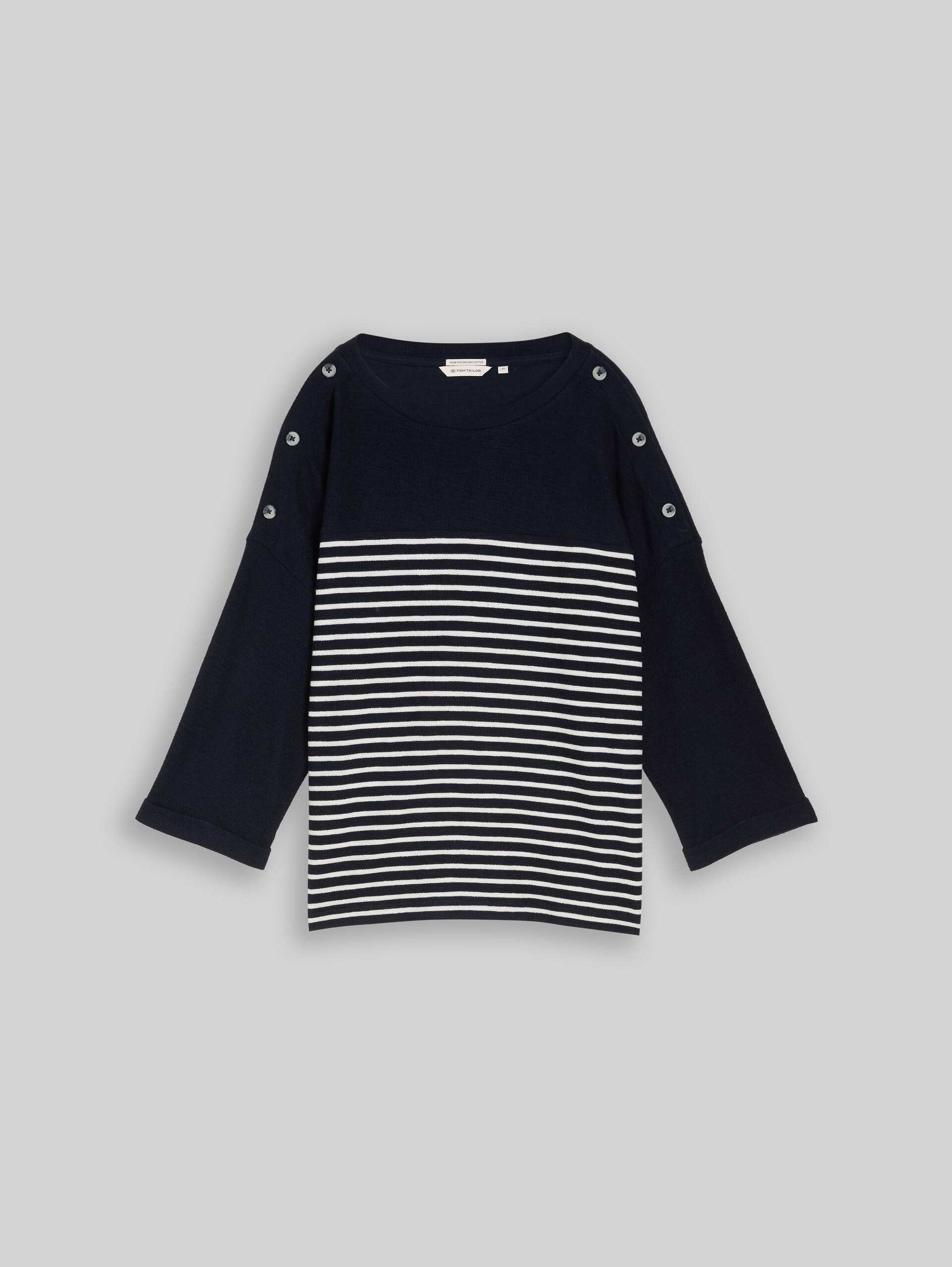 Long-sleeved shirt with striped pattern - navy blue offwhite stripe - Front product view