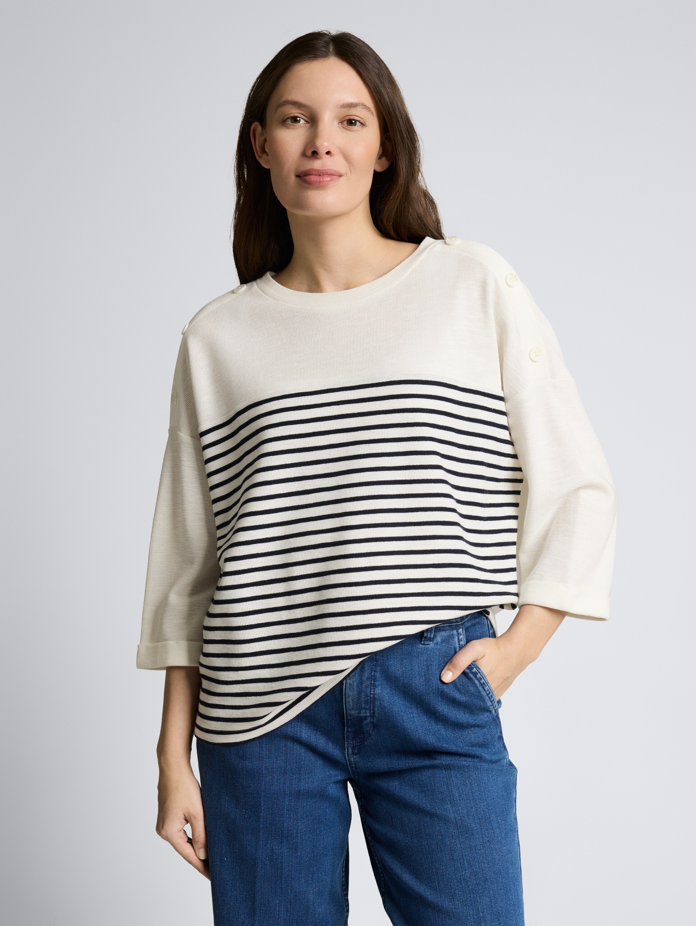 T-shirt à manches longues à rayures - offwhite navy blue stripe - Découpe Vue de face du modèle