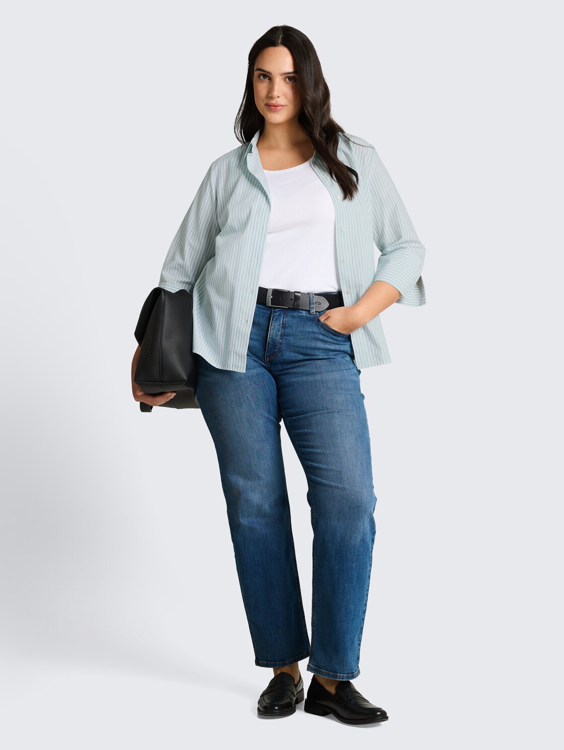 Plus Size - shirt blouse with striped pattern - blue haze white thin stripe - Model front view