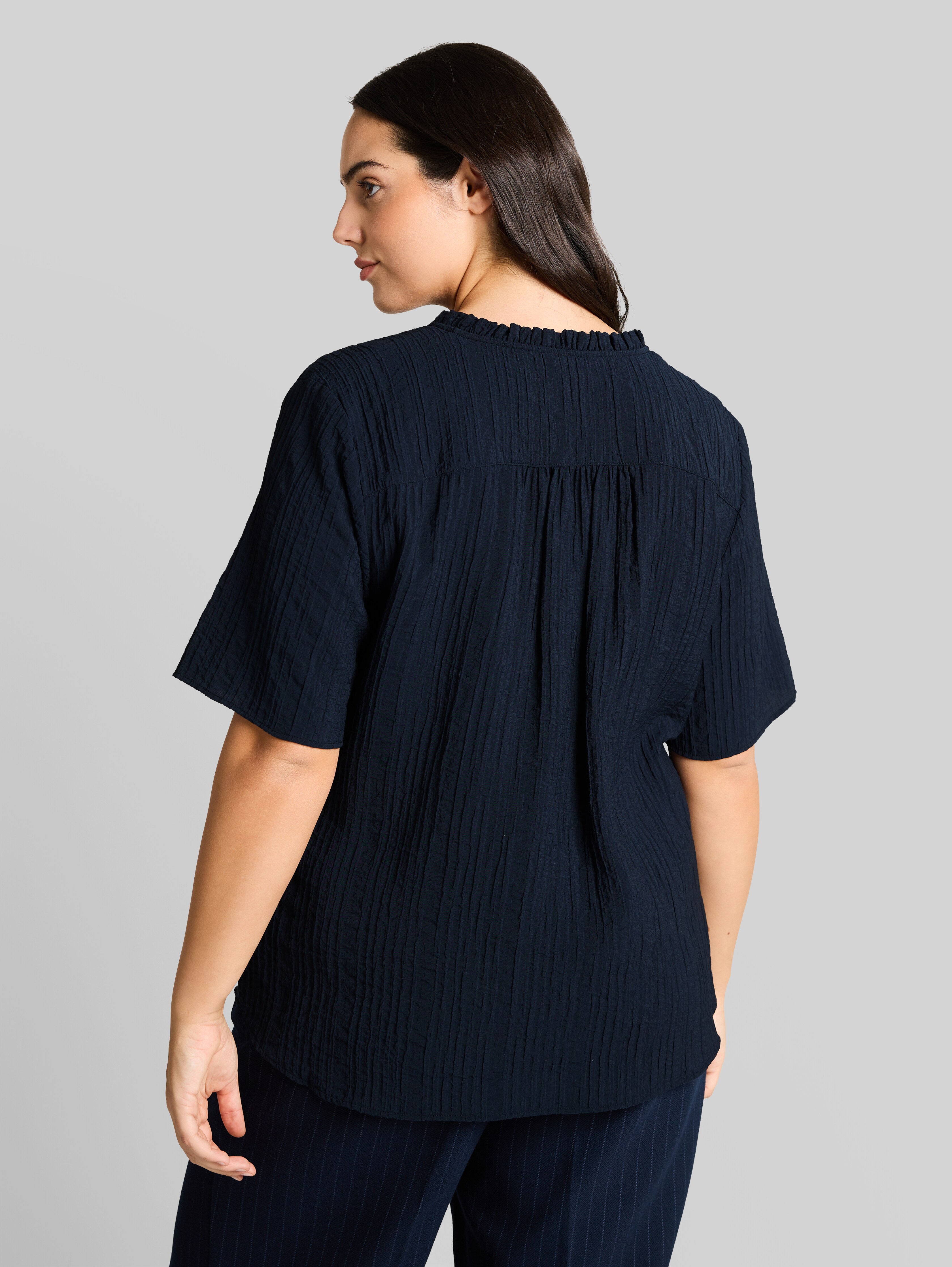 Plus Size - crinkle blouse with V-neck in blue by Tom Tailor