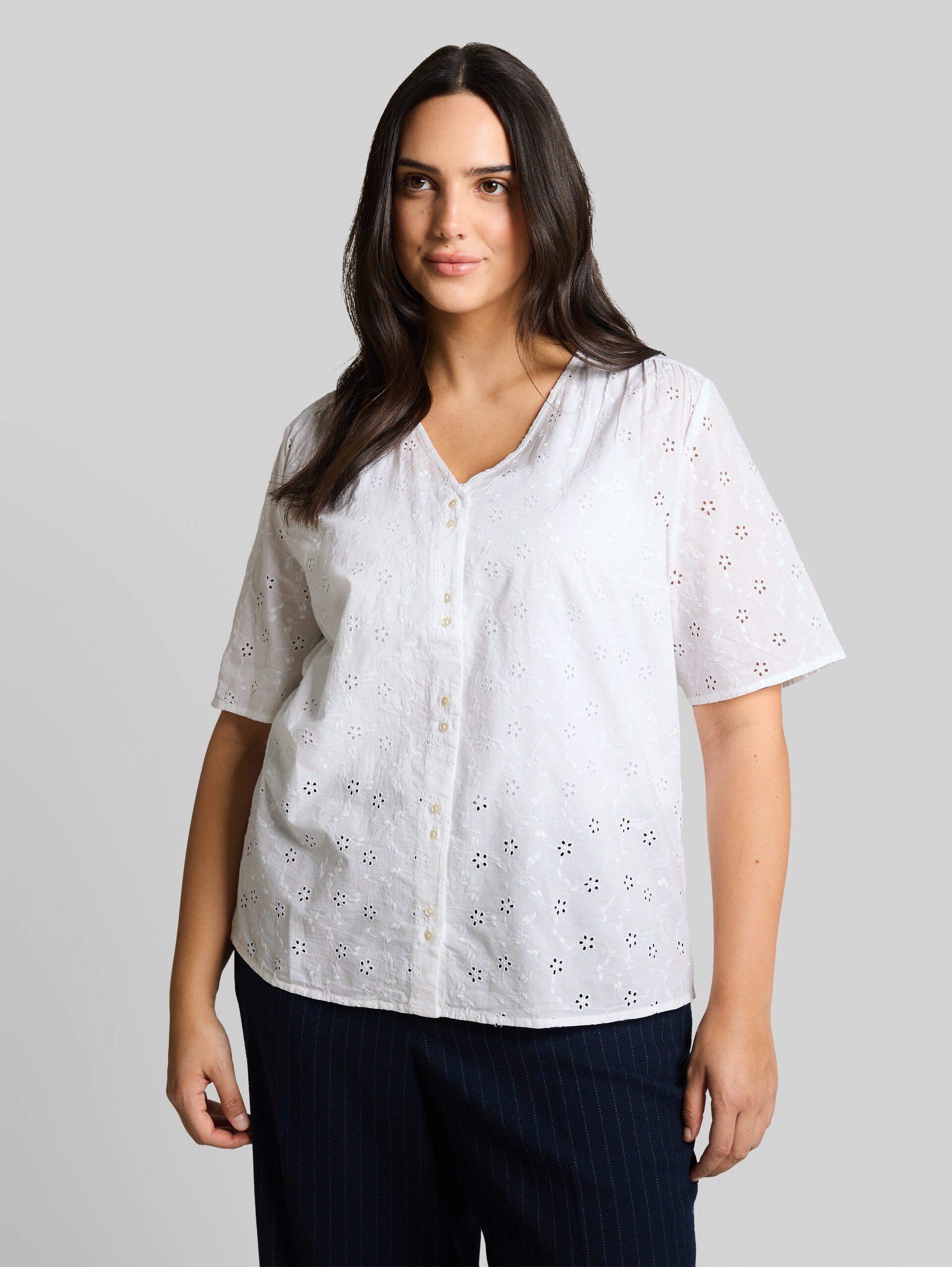 Plus Size - Blouse with eyelet embroidery - White - Neckline model front view