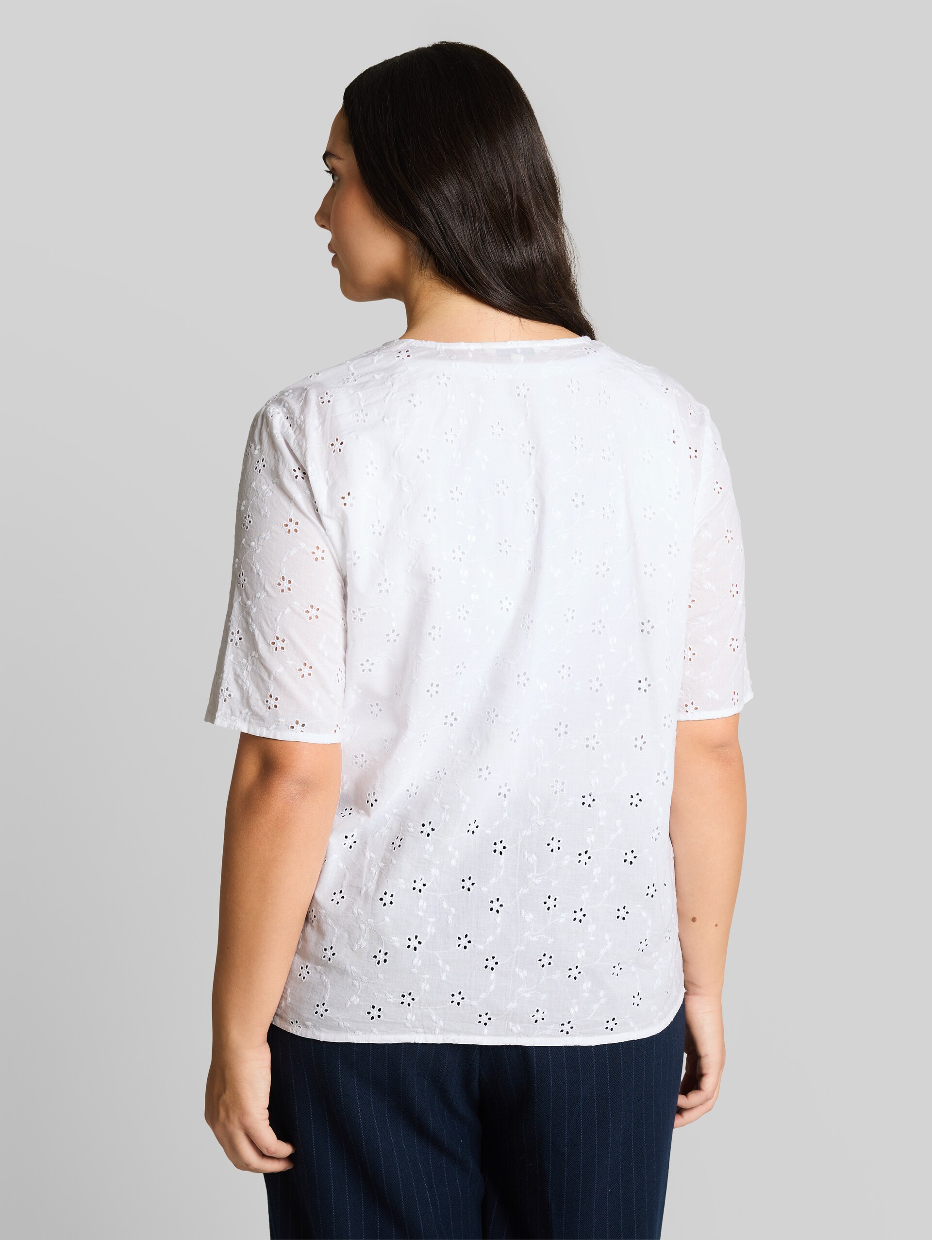 Plus Size - Blouse with eyelet embroidery - White - Neckline model-back view