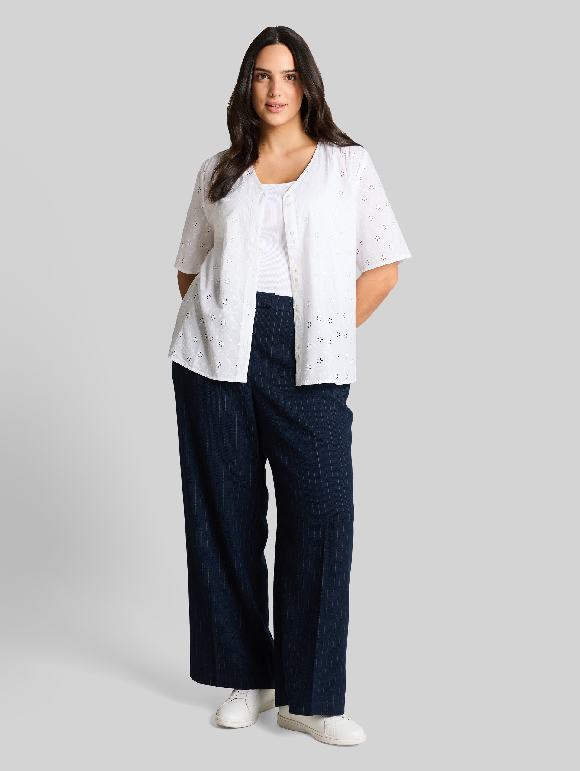 Plus Size - Blouse with eyelet embroidery - White - Model front view