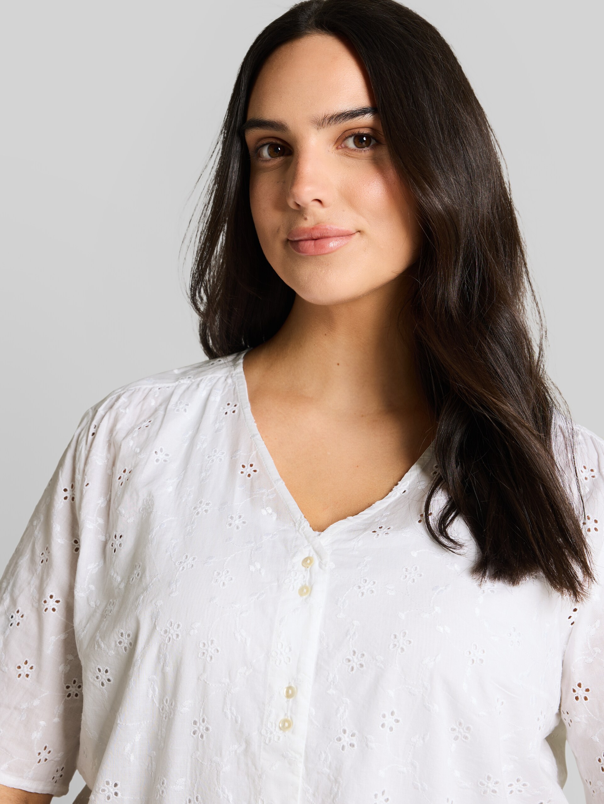 Plus Size - Blouse with eyelet embroidery - White - Detail model view