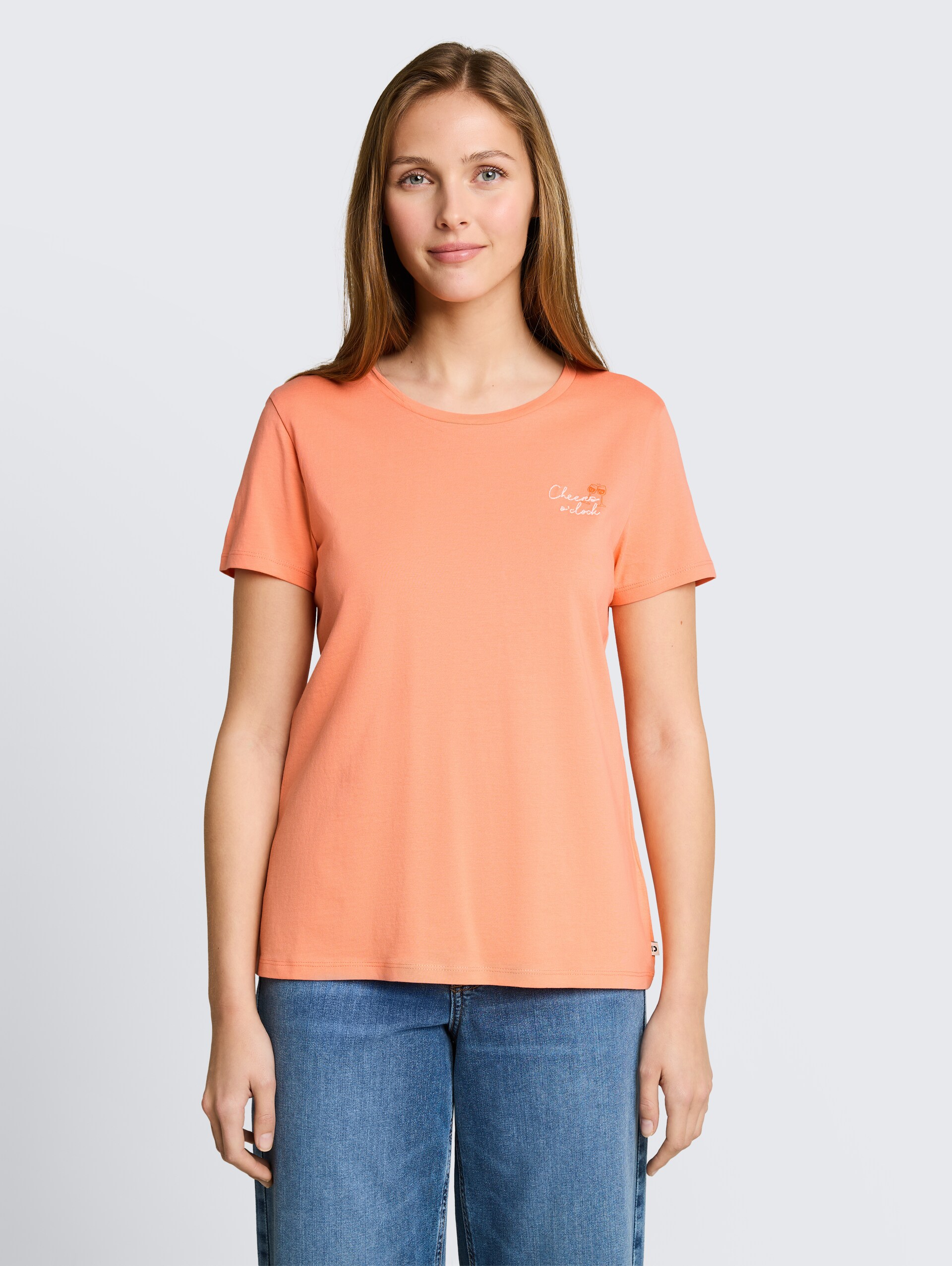 T-shirt met borduursel - bright coral - Nek model vooraanzicht
