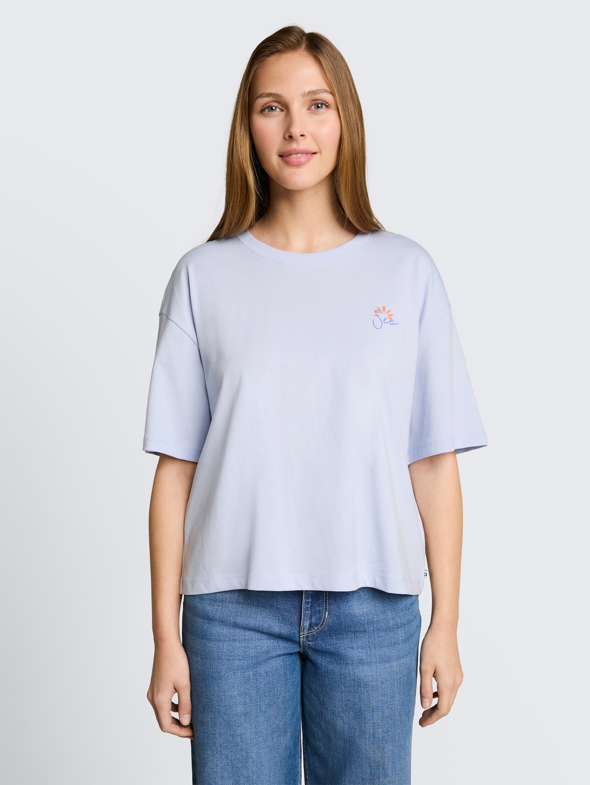 T-shirt met boxy pasvorm en print op de rug - mountain sky blue - Nek model vooraanzicht