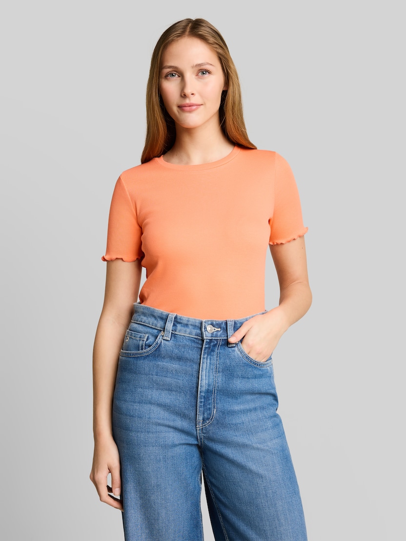 Slim fit T-shirt met geribde structuur door Denim Female, bright coral