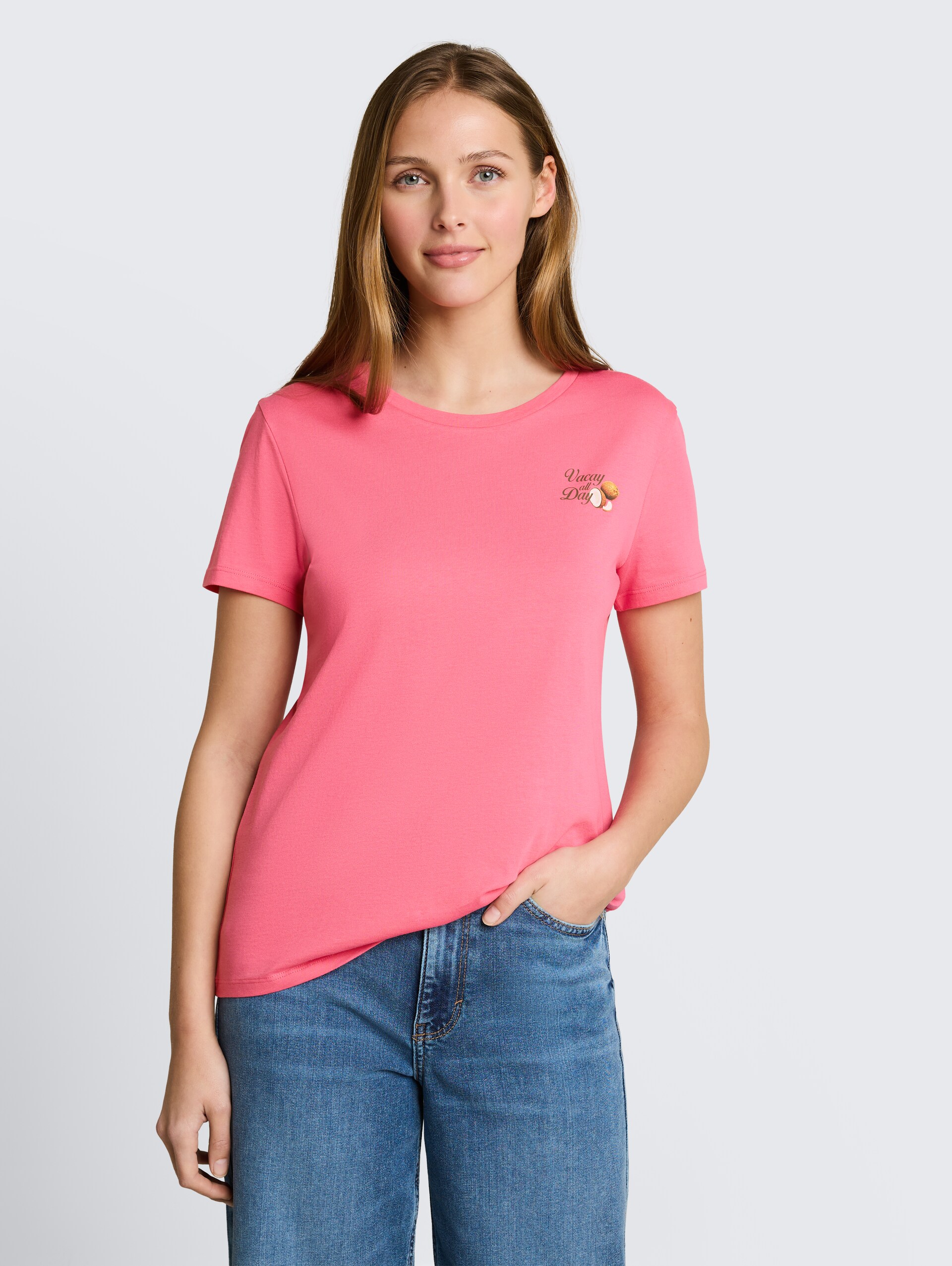 T-Shirt mit Print - soft bright pink - Ausschnitt Model-Vorderansicht
