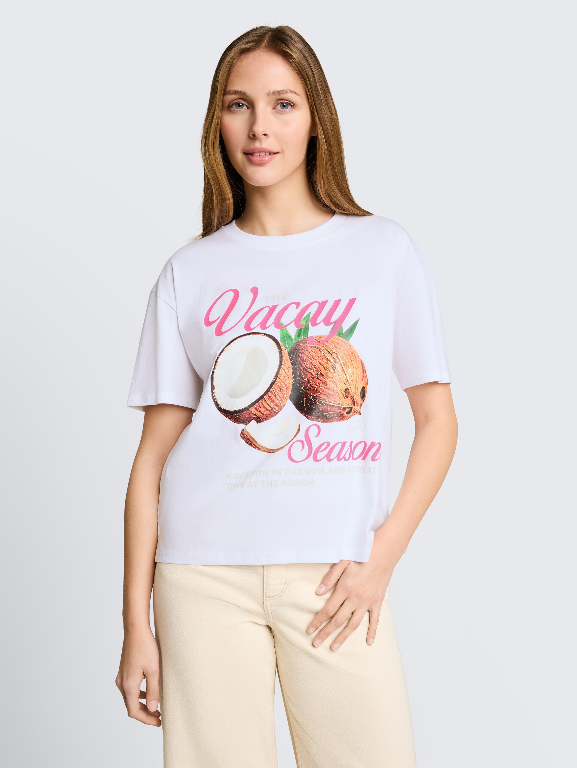 T-shirt met boxy fit en print - White - Nek model vooraanzicht