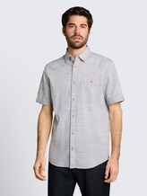 Regular fit katoenen overhemd met korte mouwen - leaf green horizontal stripe - Nek model vooraanzicht