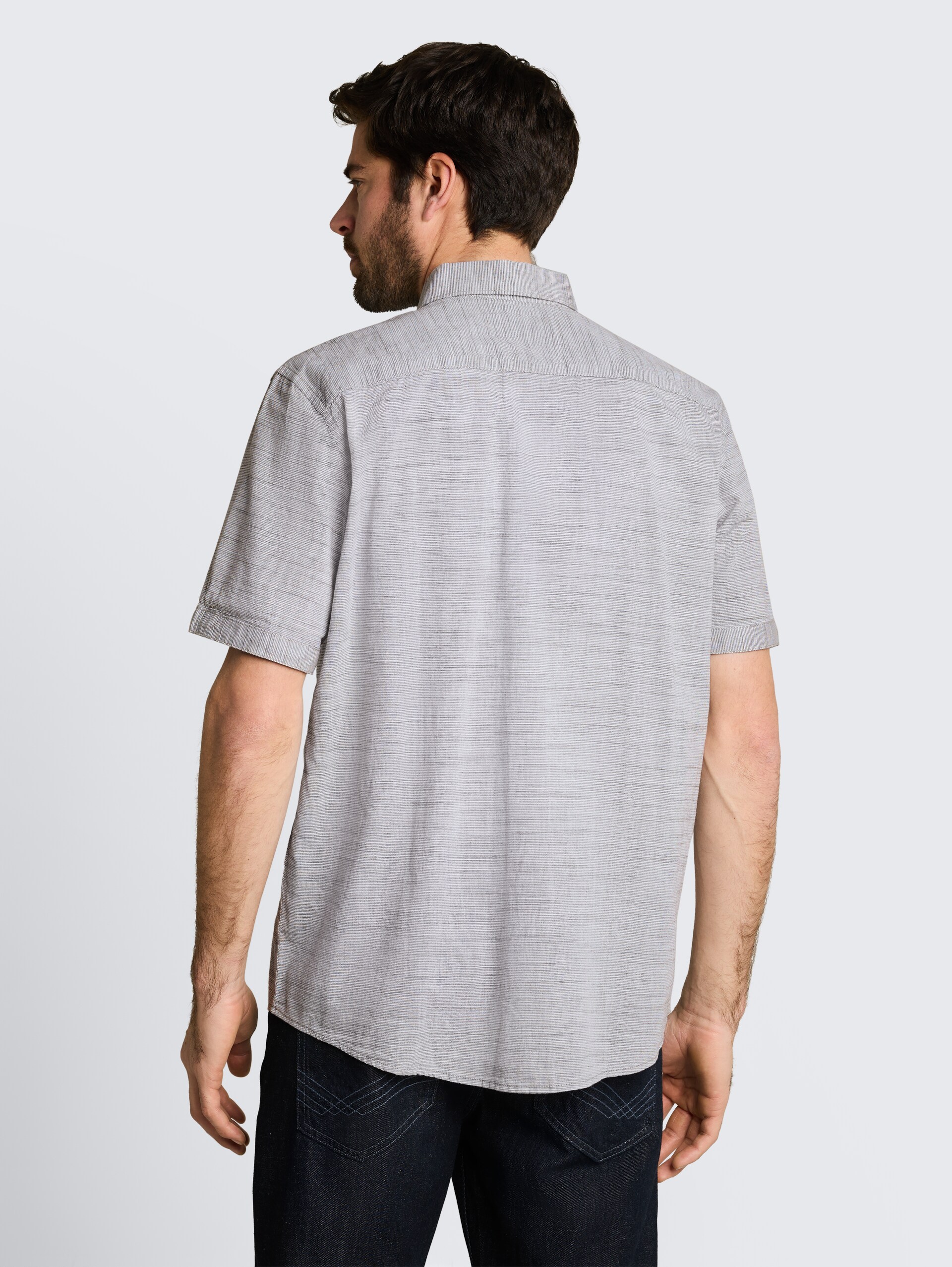 Regular fit katoenen overhemd met korte mouwen - leaf green horizontal stripe - Neklijn model-achteraanzicht