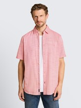 Regular fit katoenen overhemd met korte mouwen - orange red horizontal stripe - Nek model vooraanzicht