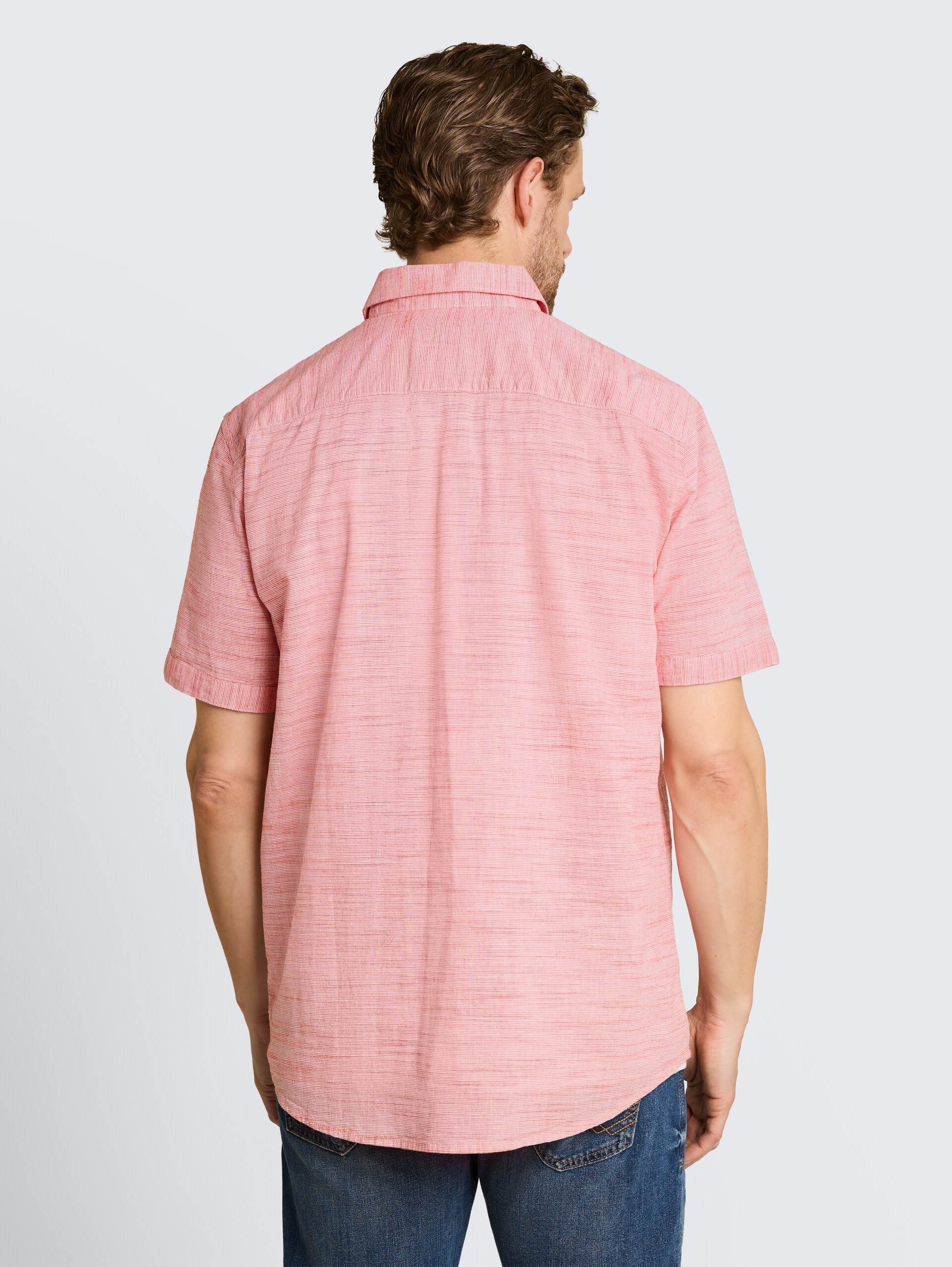 Regular fit katoenen overhemd met korte mouwen - orange red horizontal stripe - Neklijn model-achteraanzicht