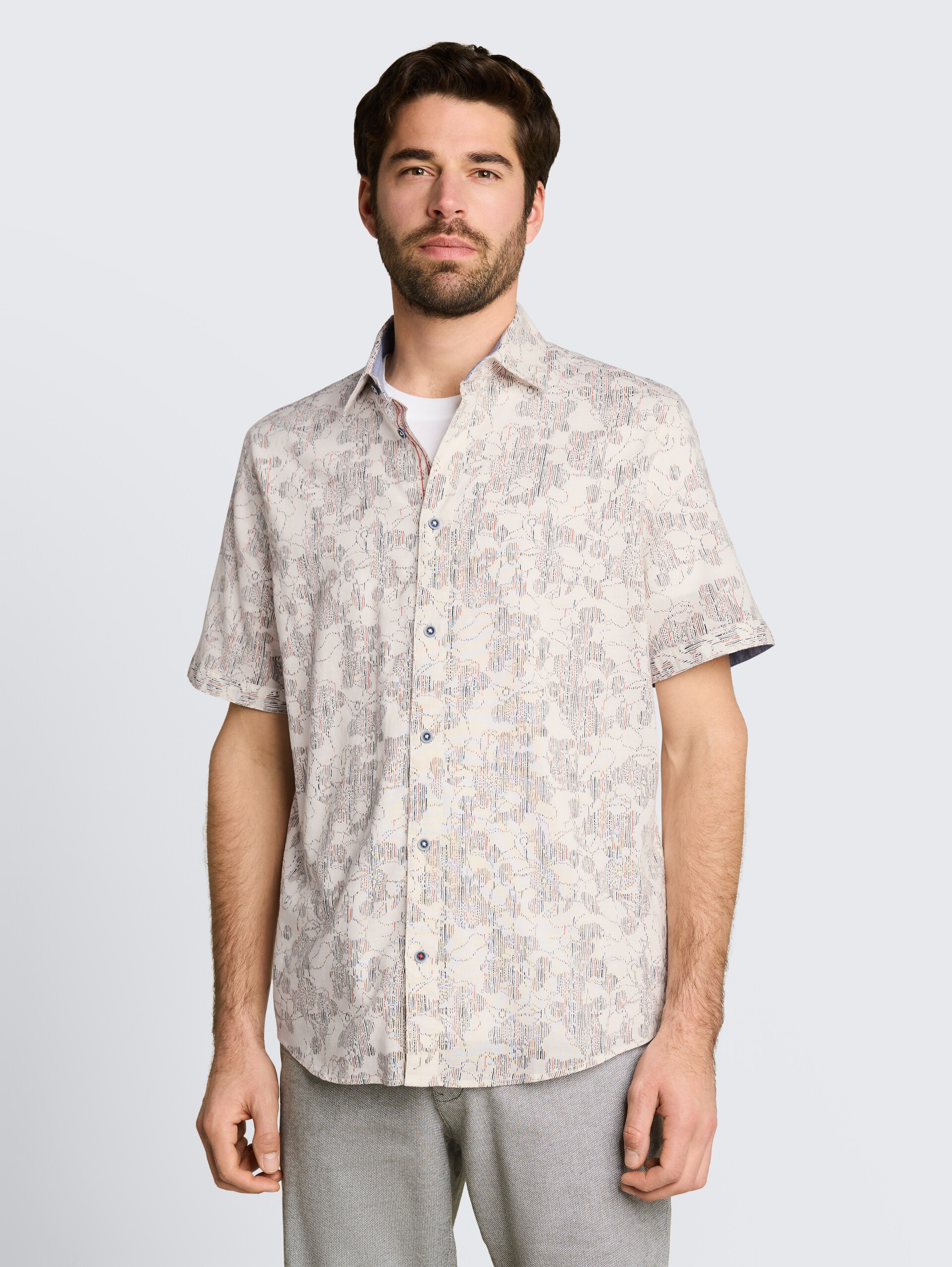 Regular fit overhemd met korte mouwen en patroon - off white irregular design - Nek model vooraanzicht
