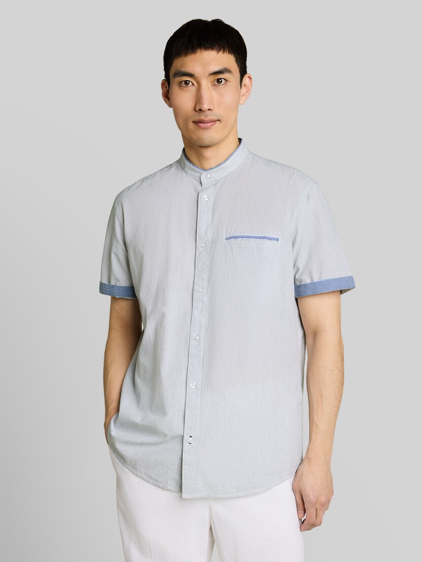 Regular Fit Kurzarmhemd mit Stehkragen von Men, white navy small stripe