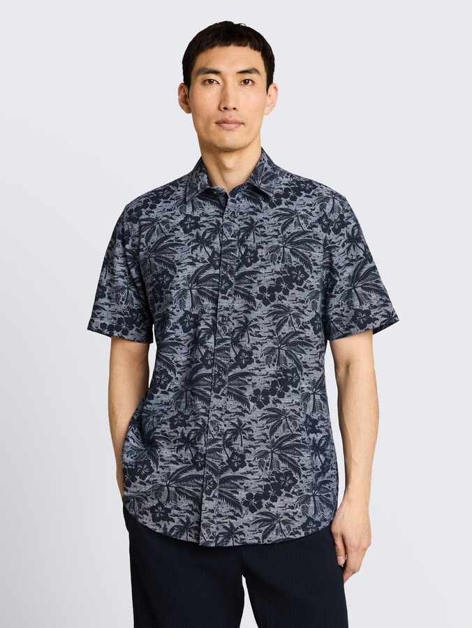 Regular Fit Kurzarmhemd mit Muster von Men, navy palm hibiscus design