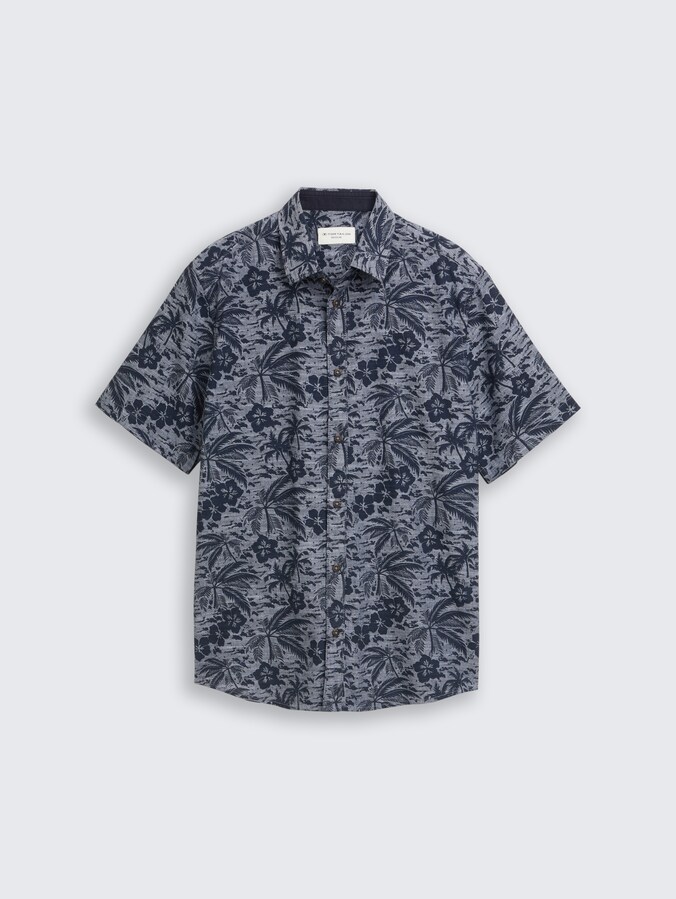 Regular Fit Kurzarmhemd mit Muster von Men, navy palm hibiscus design