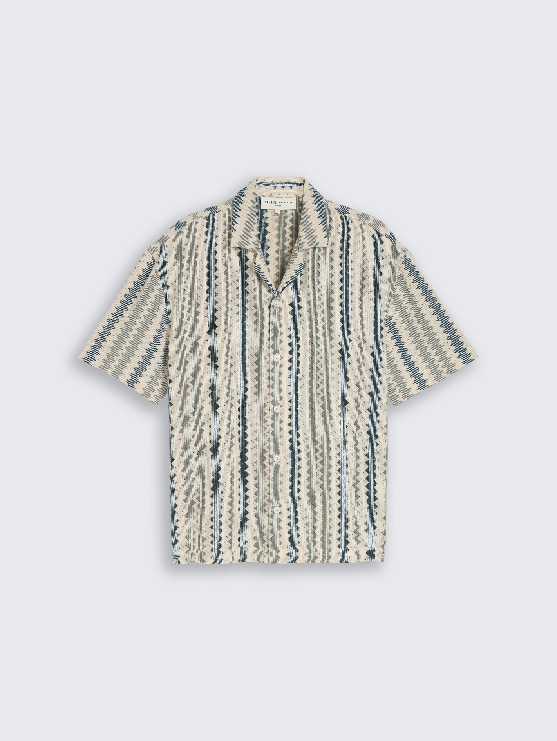 Loose Fit Resort Kurzarmhemd in Häkel-Optik - green white zick zack stripe - Vorder-Produkt-Ansicht