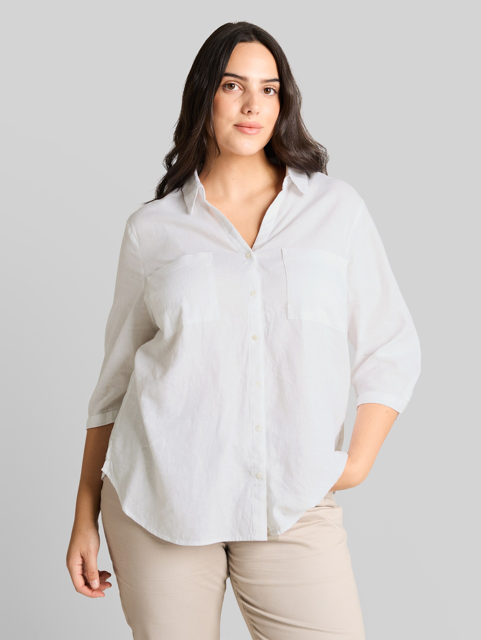 Plus Size - shirt blouse with linen blend - White - Neckline model front view