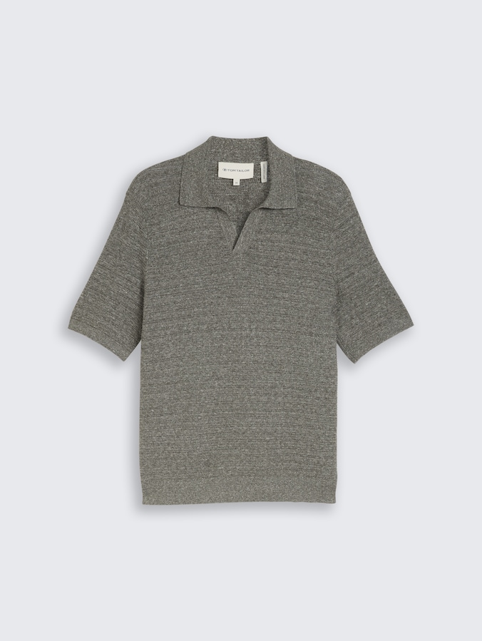 Gebreid poloshirt met linnen door Men, deep leaf green melange