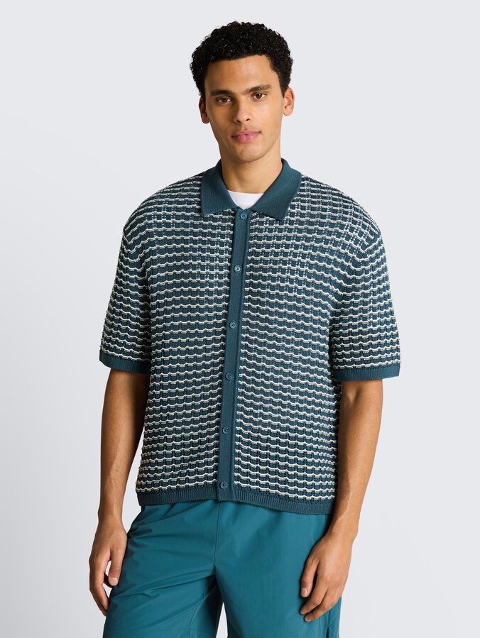 Strick-Poloshirt mit Lochmuster von Denim Male, tide petrol white structure