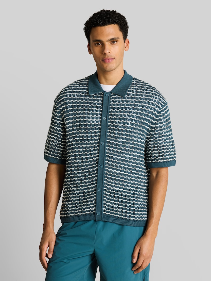 Gebreid poloshirt met gaasmotief door Denim Male, tide petrol white structure