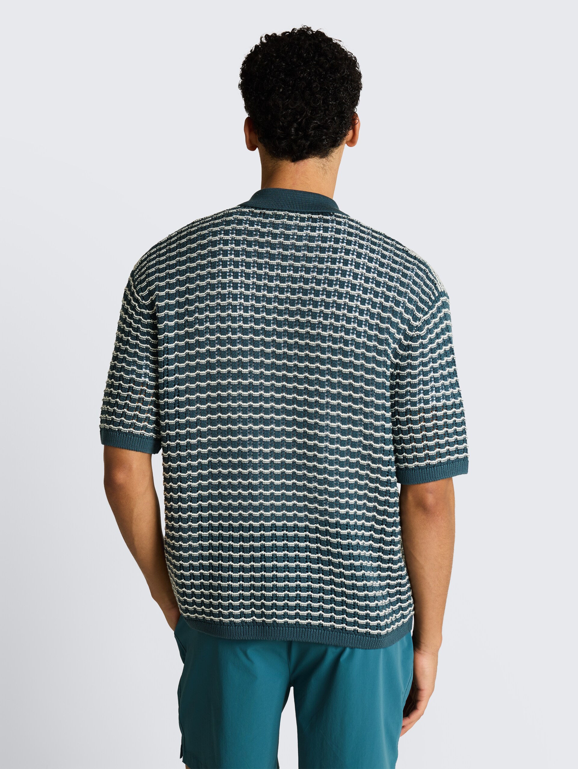 Strick-Poloshirt mit Lochmuster - tide petrol white structure