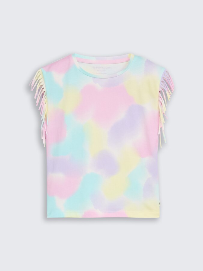 T-Shirt mit Fransen von Mini Girls, rainbow watercolor print