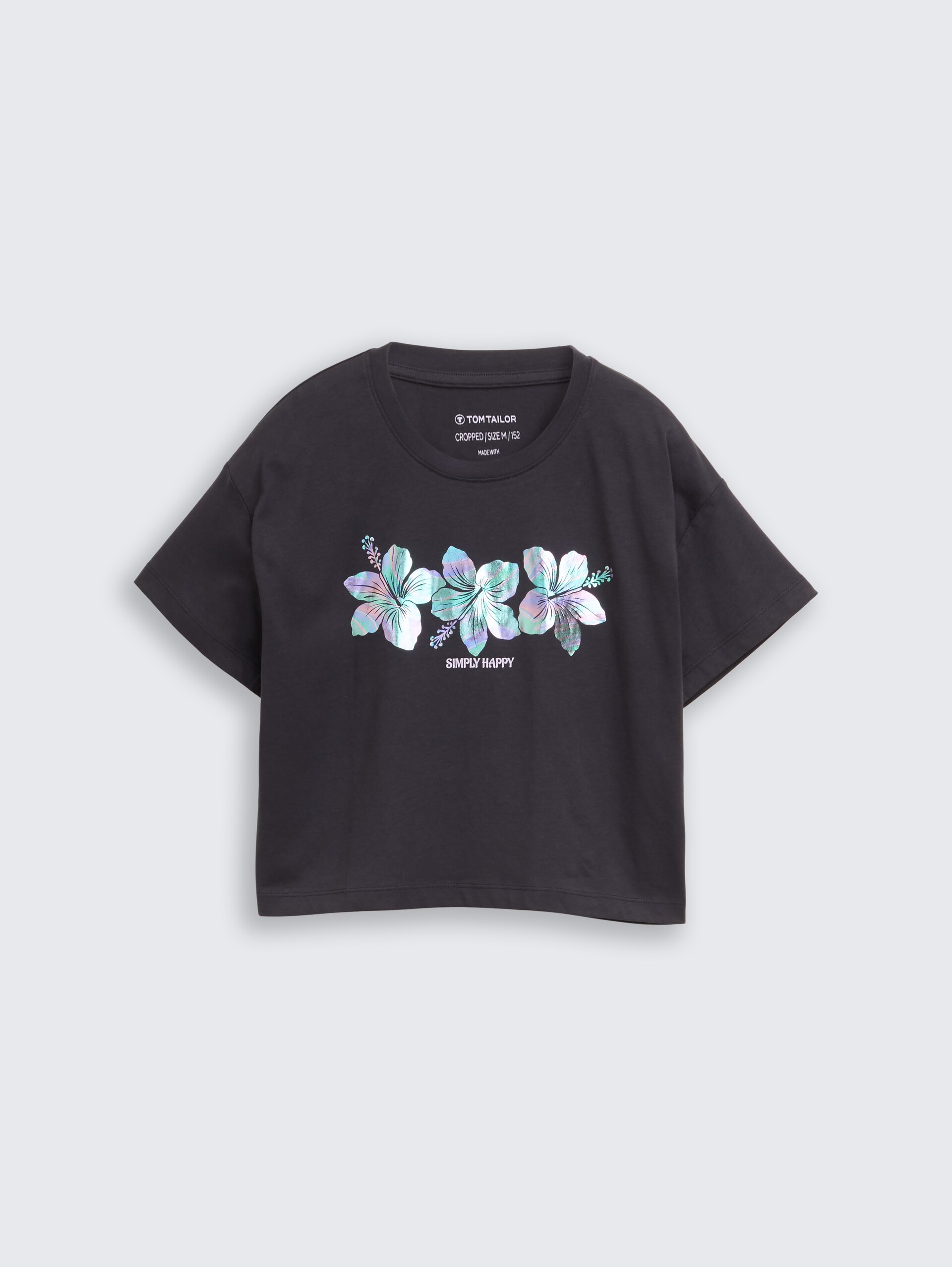Cropped T-shirt met glitterprint - coal grey - Product vooraanzicht