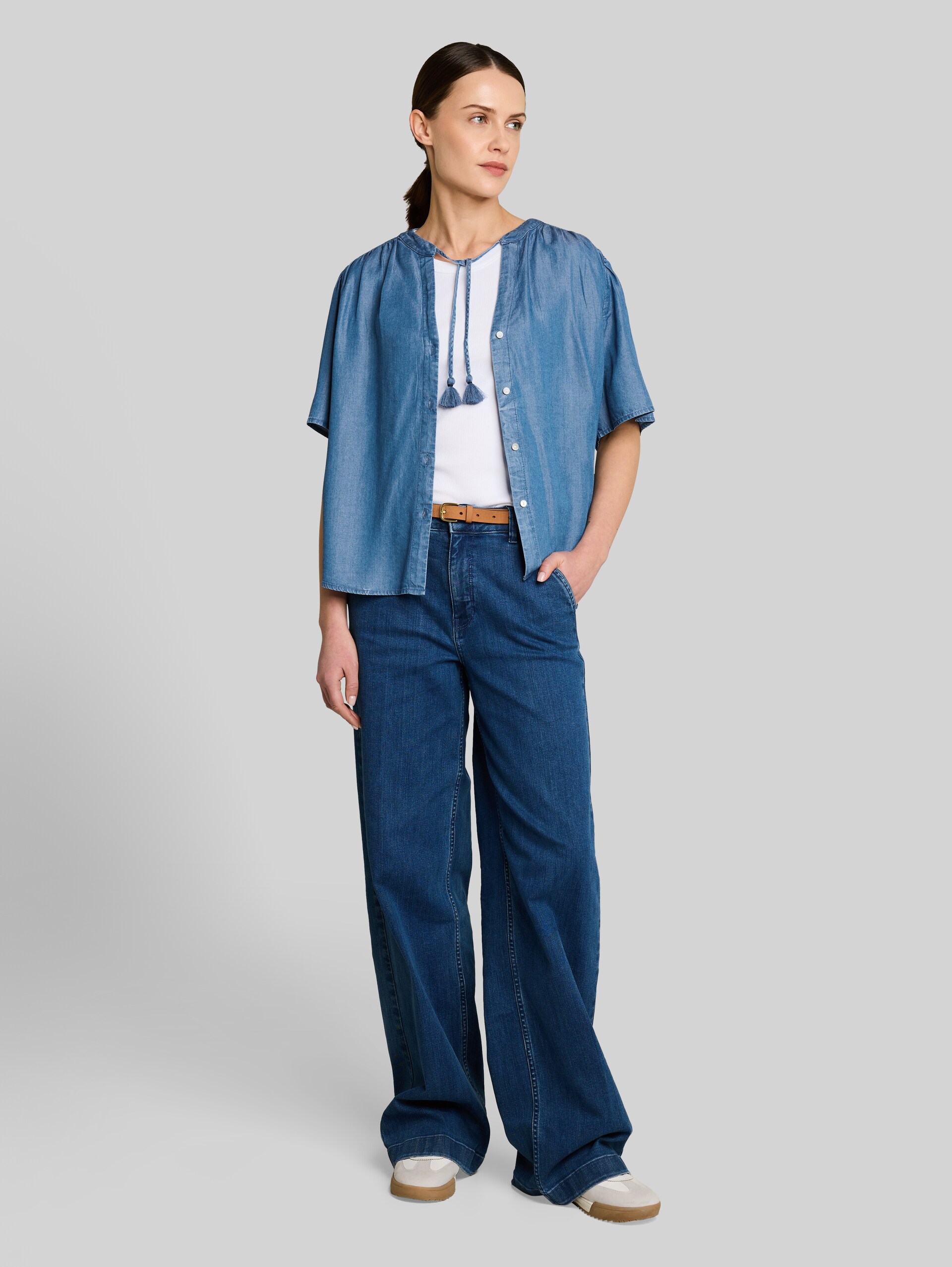 Blouse with tassels - Clean Light Stone Blue Denim - Model front view