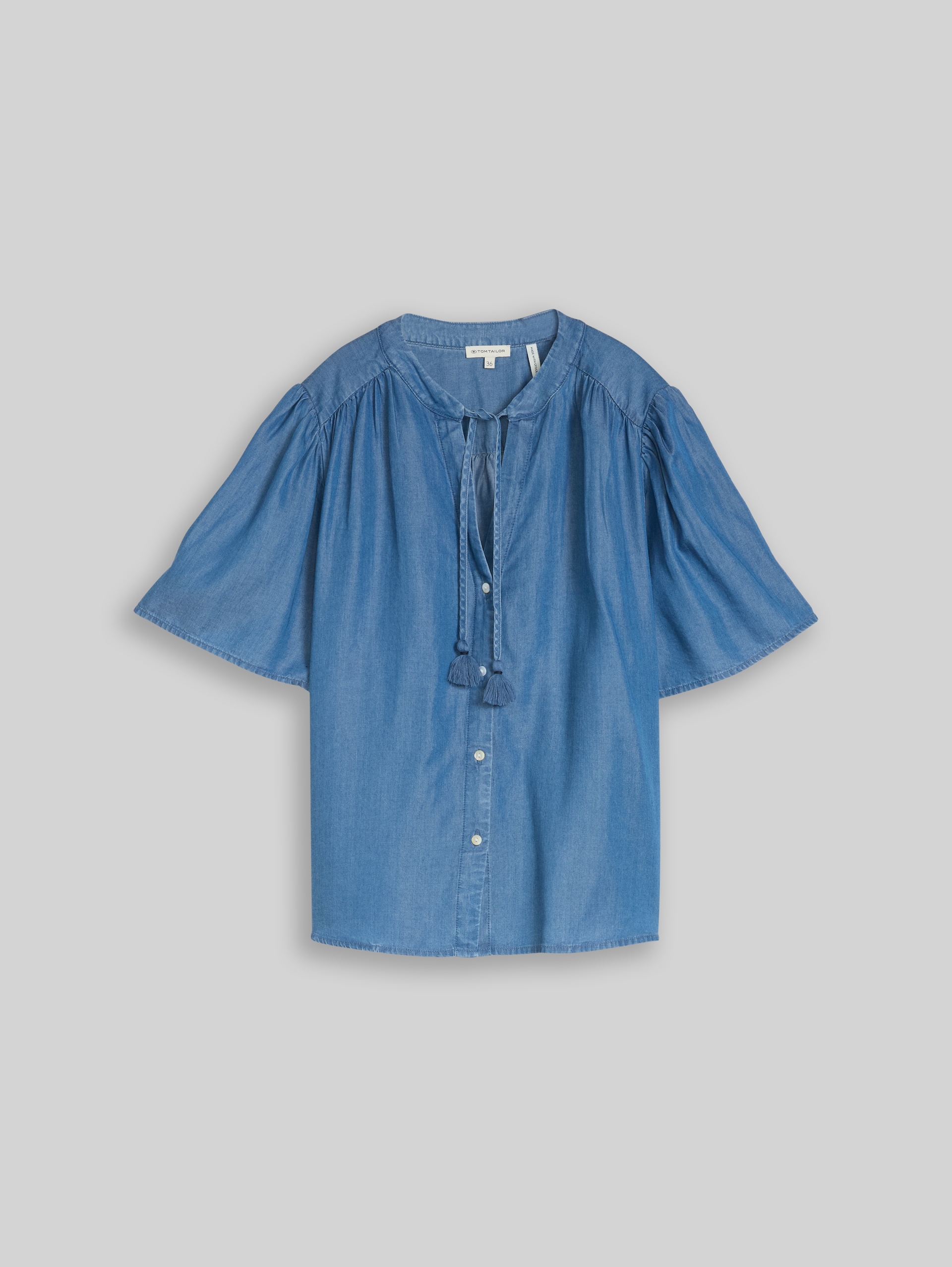 Blouse with tassels - Clean Light Stone Blue Denim - Front product view