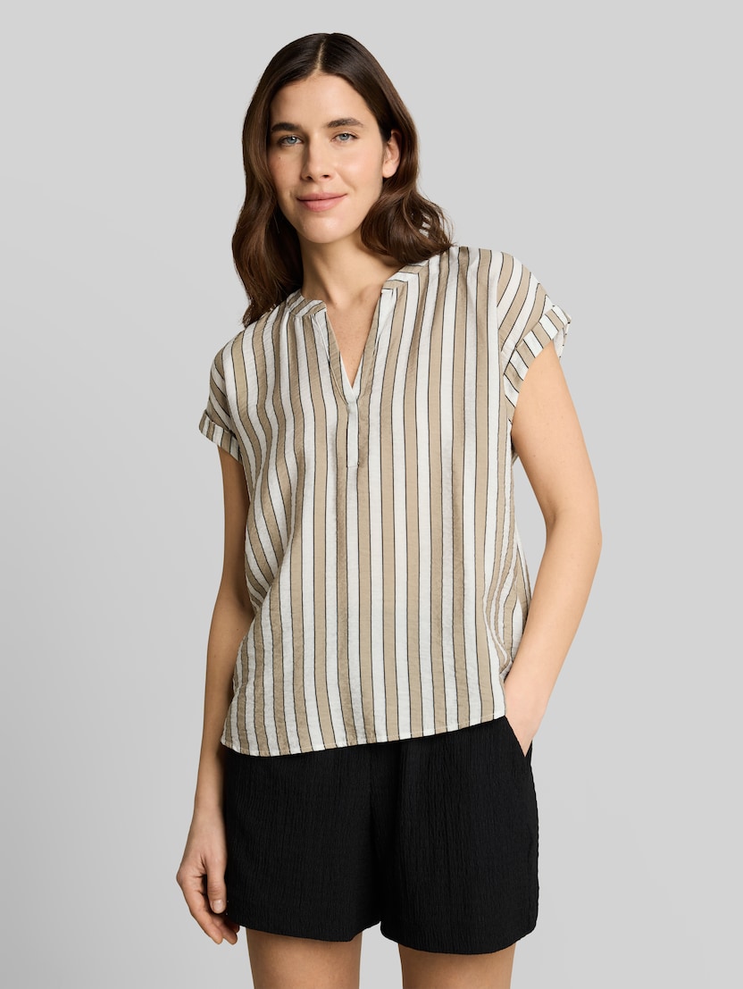 Loose Fit Bluse mit V-Ausschnitt von Women, olive white irregular stripe