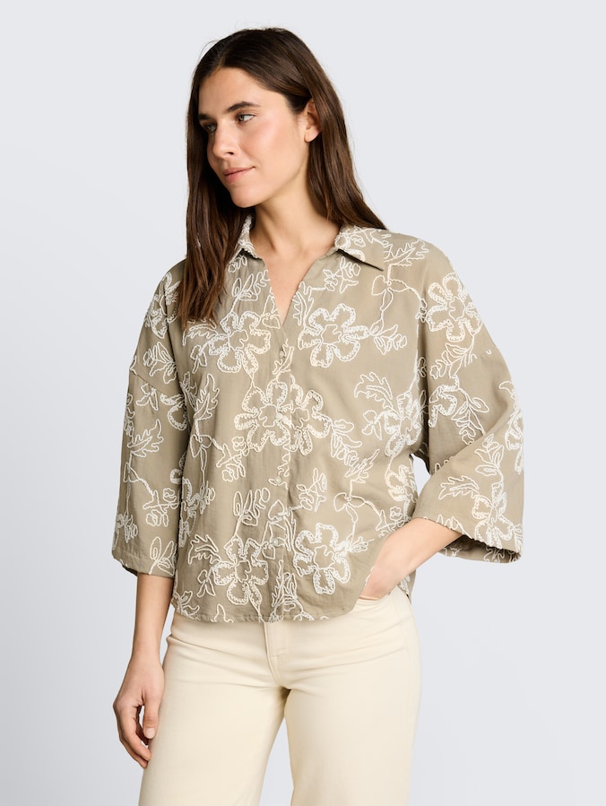 Oversized blouse with floral embroidery by Women, olive white big flower design